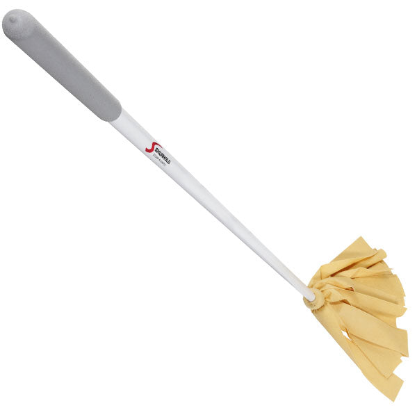 The Shurhold Industries Water Sprite Deck Mop features a gray handle, white rod, and yellow chamois strips for superior absorption, shown against a white background.