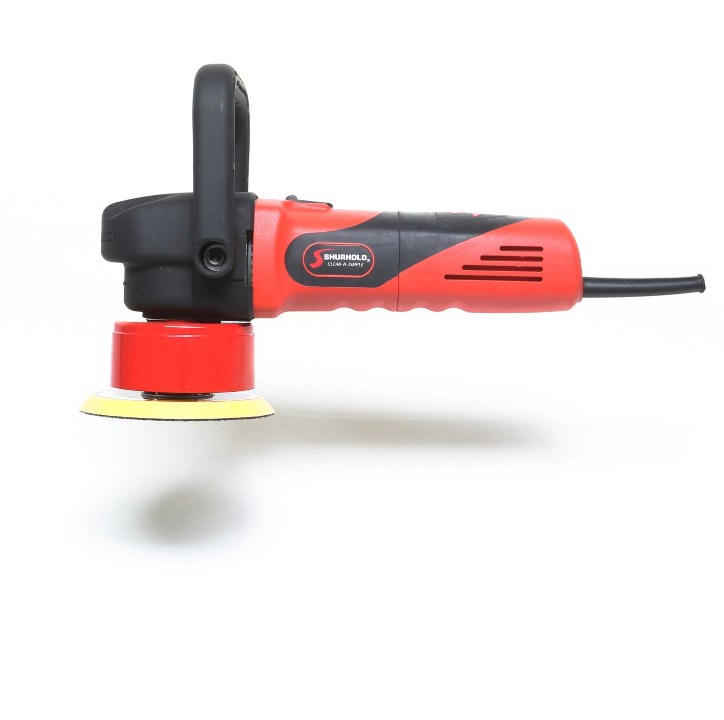 The Shurhold Industries, Inc. Dual Action Polisher, in red and black with a side handle and yellow polishing pad for a high-gloss finish, is shown on a white background.