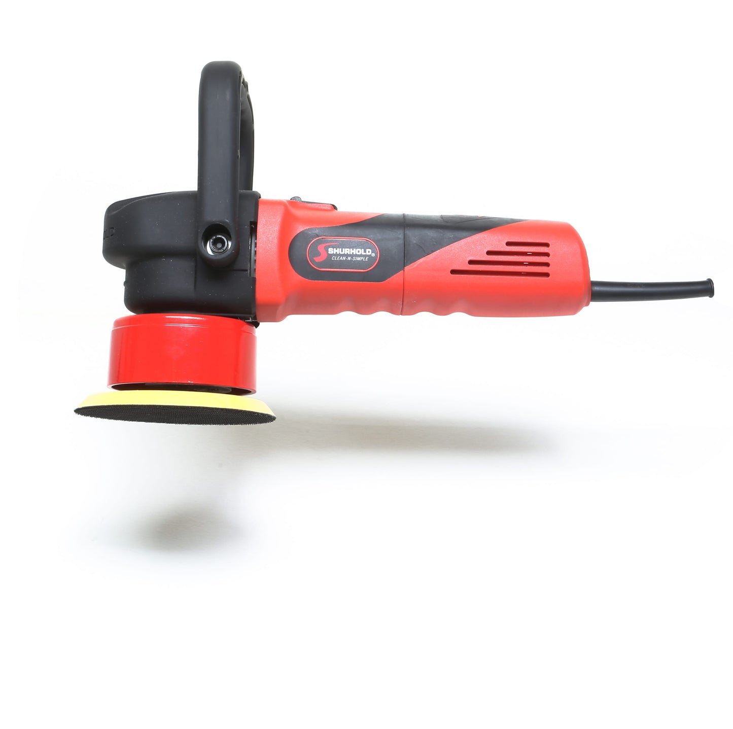 The Shurhold Industries, Inc. Dual Action Polisher, in red and black with a yellow sanding pad, is displayed on a white background—ideal for a high-gloss finish.