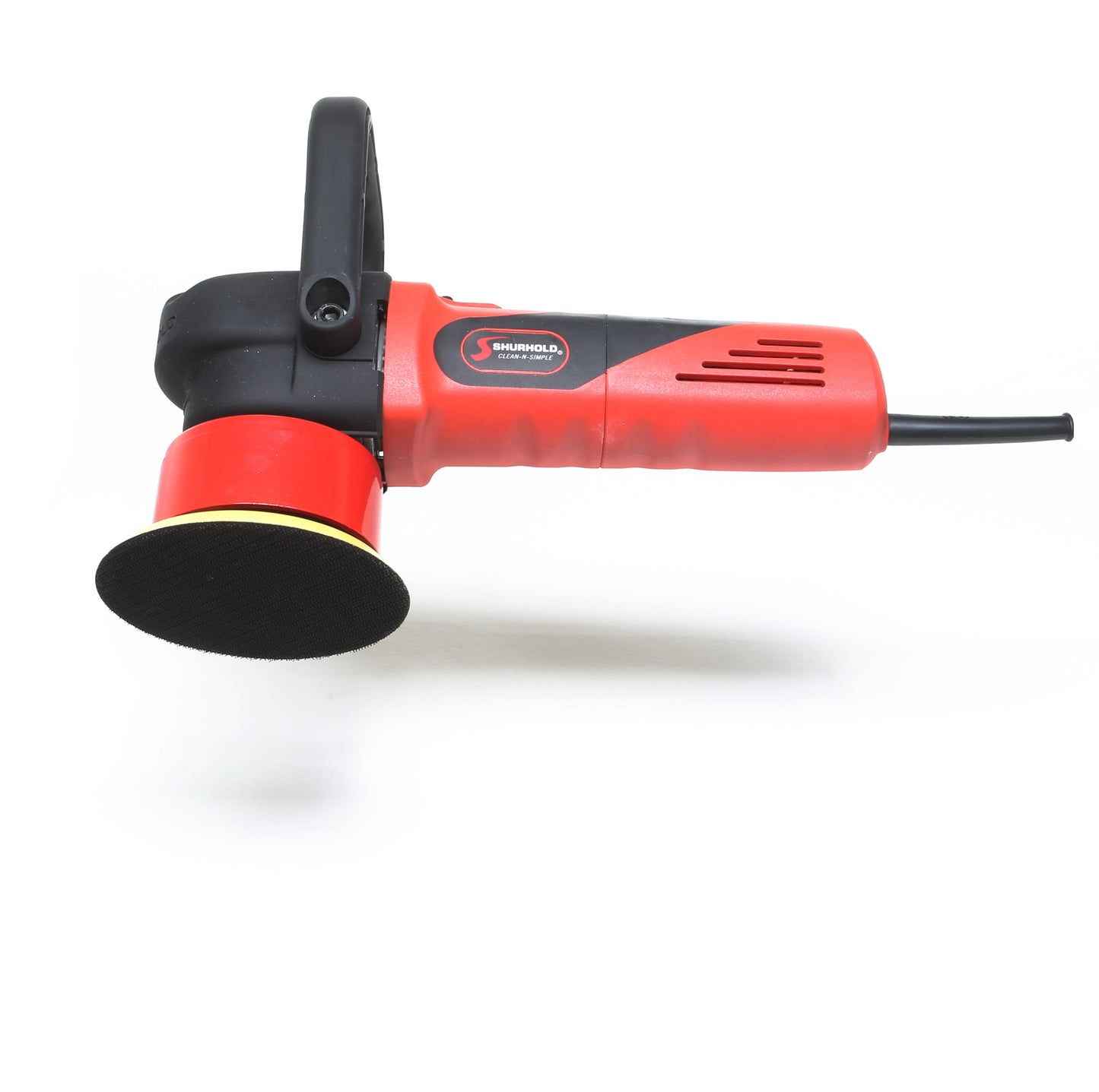 A Shurhold Industries, Inc. Dual Action Polisher in red and black with a circular pad is shown from the side on a white background—engineered for an effortless, high-gloss finish.