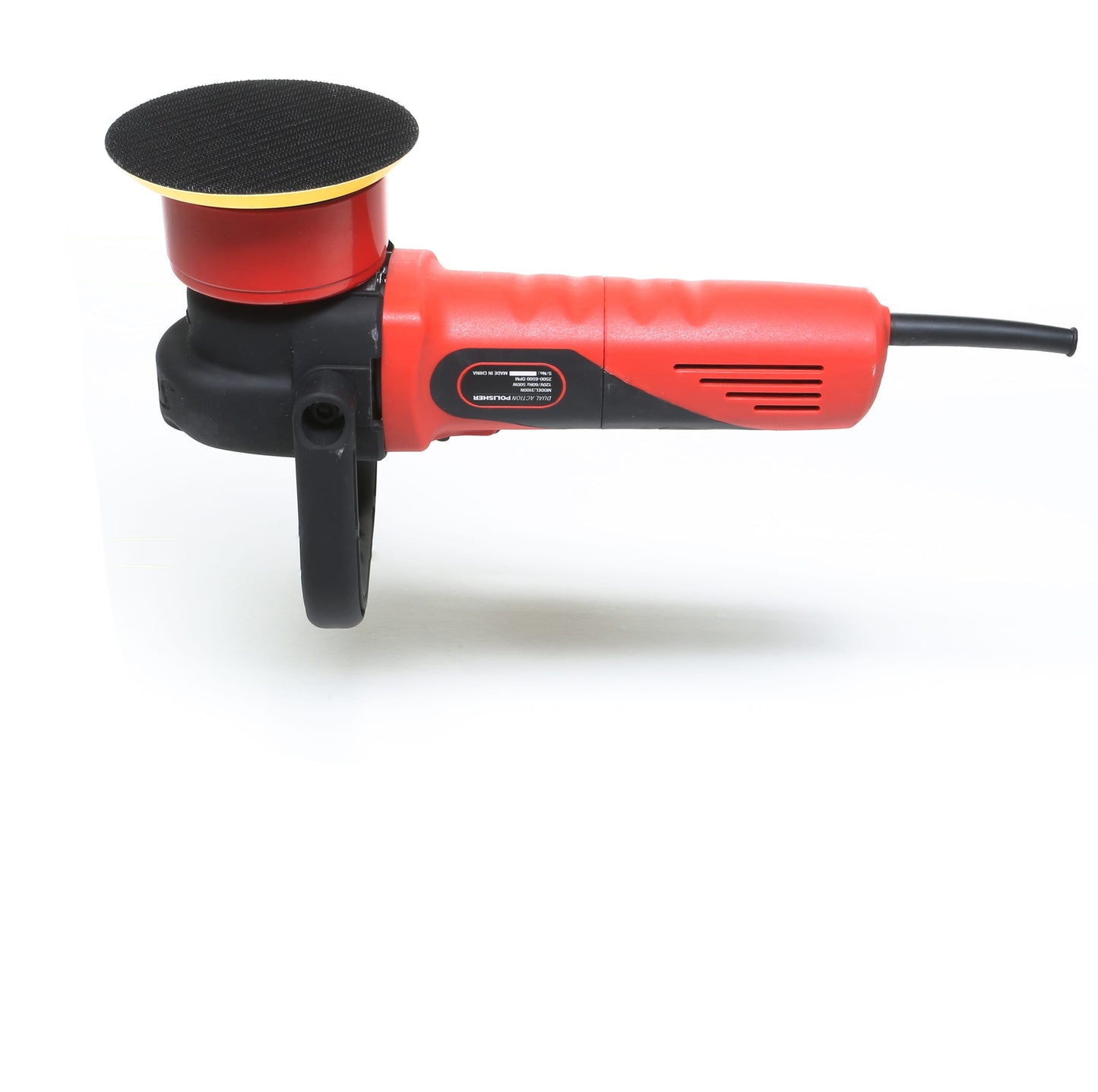 The Shurhold Industries, Inc. Dual Action Polisher, featuring red and black colors, a handle, and a circular sanding pad for a high-gloss finish, is displayed against a white background.