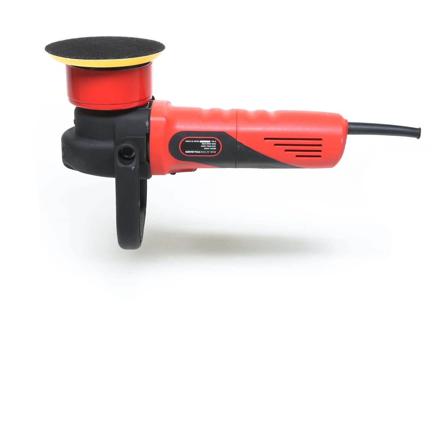 A Dual Action Polisher by Shurhold Industries, Inc., in red and black with a round sanding pad and side handle, designed for high-gloss finishes, is shown on a white background.