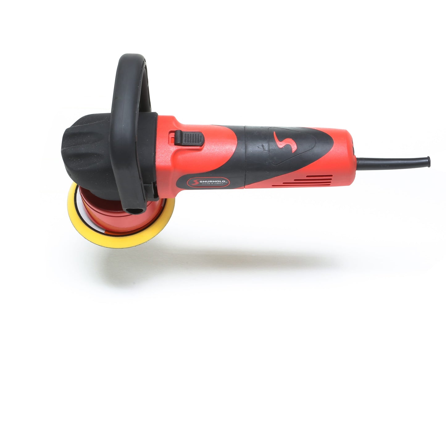 A Shurhold Industries Dual Action Polisher, shown from above with a yellow pad on a white background, features red and black accents—ideal for achieving a high-gloss finish on your vehicle.