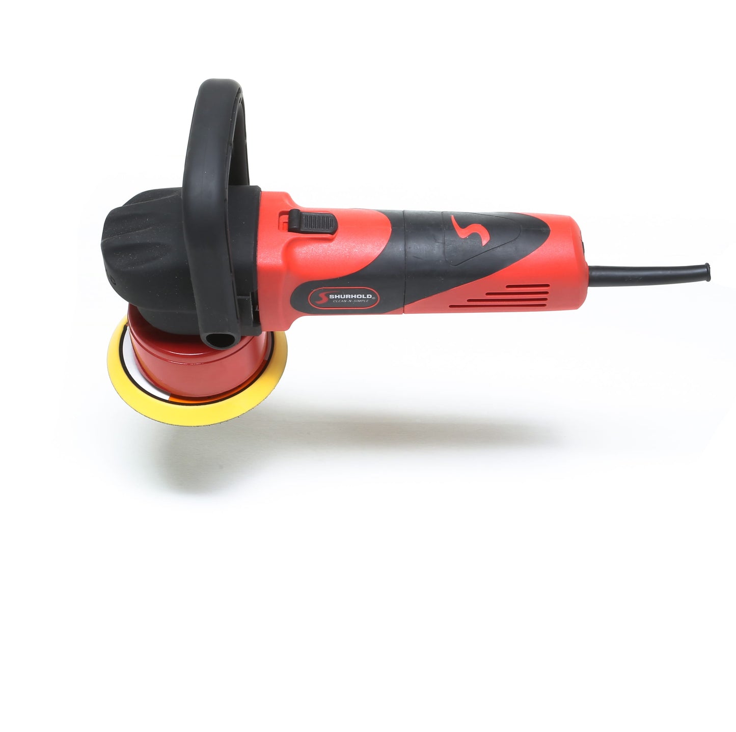 A Shurhold Industries, Inc. Dual Action Polisher in red and black with a yellow buffing pad is shown on a white background, designed to deliver a high-gloss finish.
