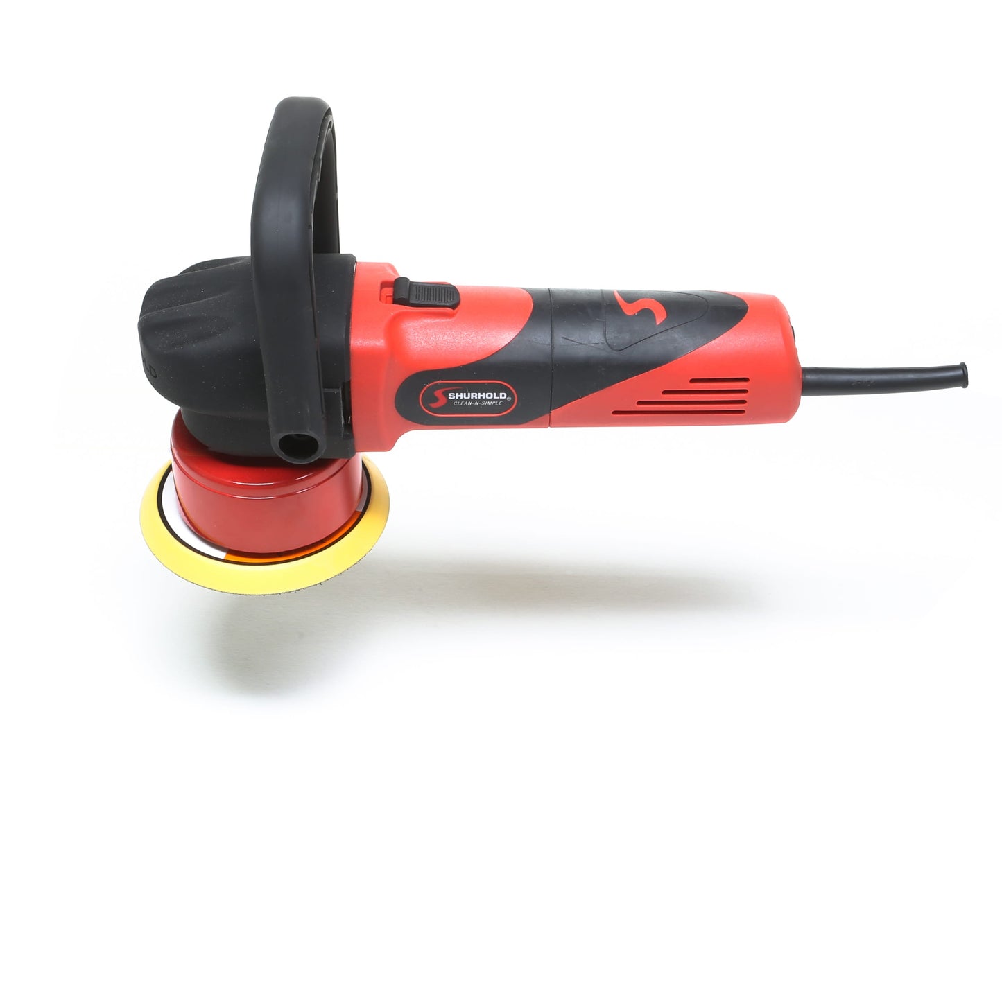The Shurhold Industries, Inc. Dual Action Polisher features a red and black design with handle, power cord, and circular sanding pad—ideal for professionals seeking a high-gloss finish. Displayed on a white background.