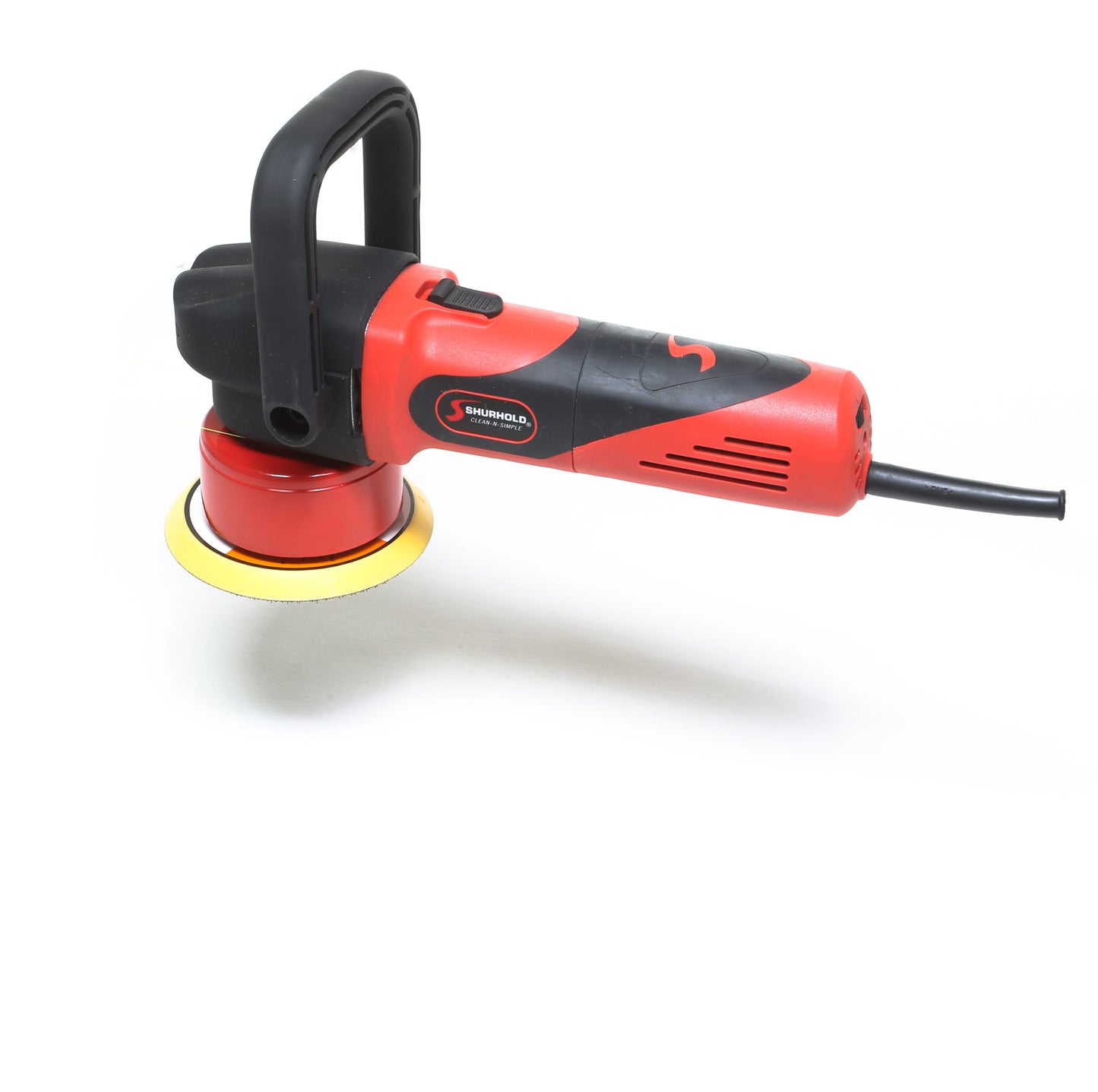 The Shurhold Industries, Inc. Dual Action Polisher, shown with a yellow polishing pad on a white background, is ideal for achieving a high-gloss finish on your vehicle.