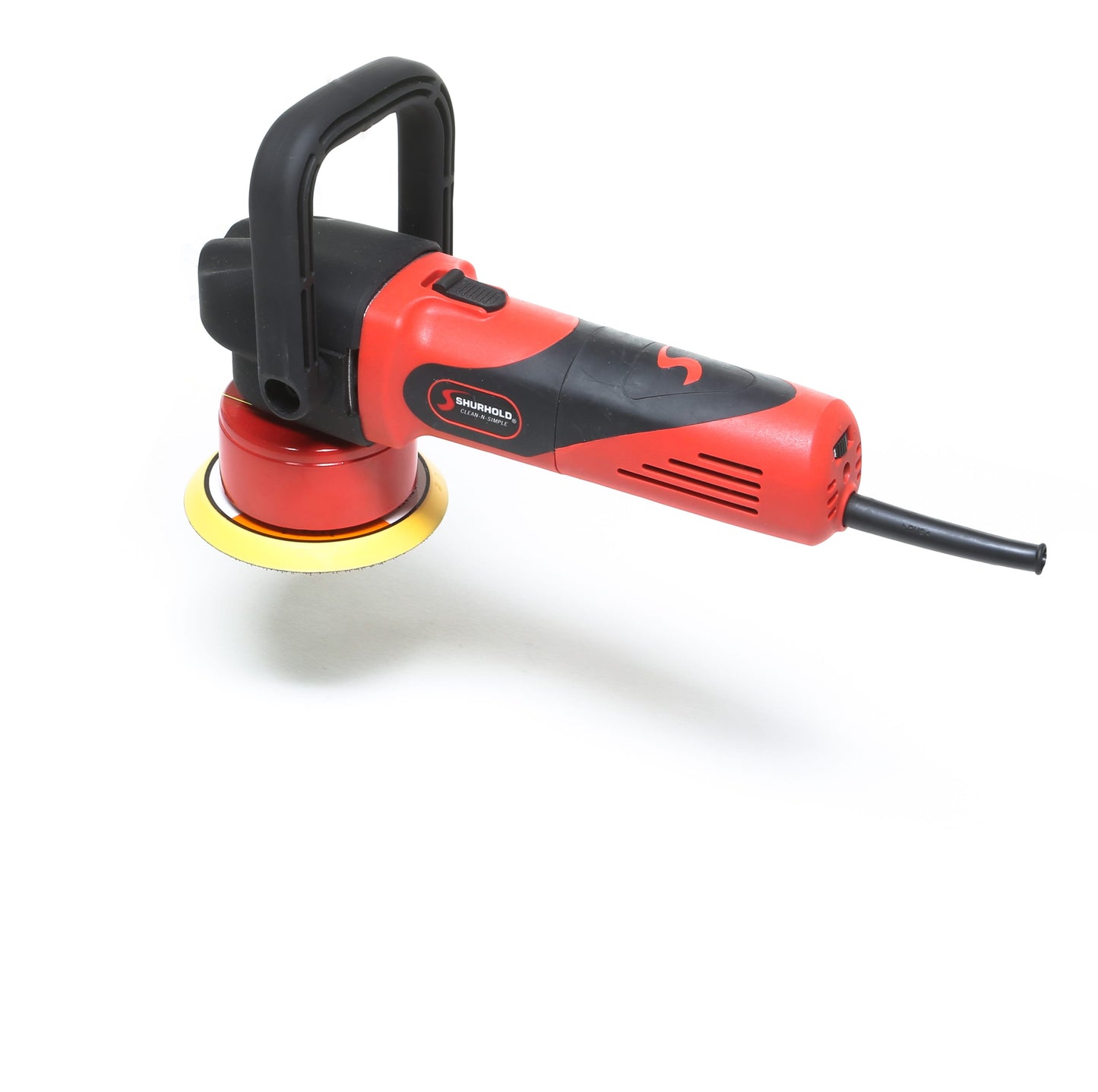 The Shurhold Industries, Inc. Dual Action Polisher, a red and black electric orbital sander with disc pad and power cord for high-gloss finishes, is shown on a white background.