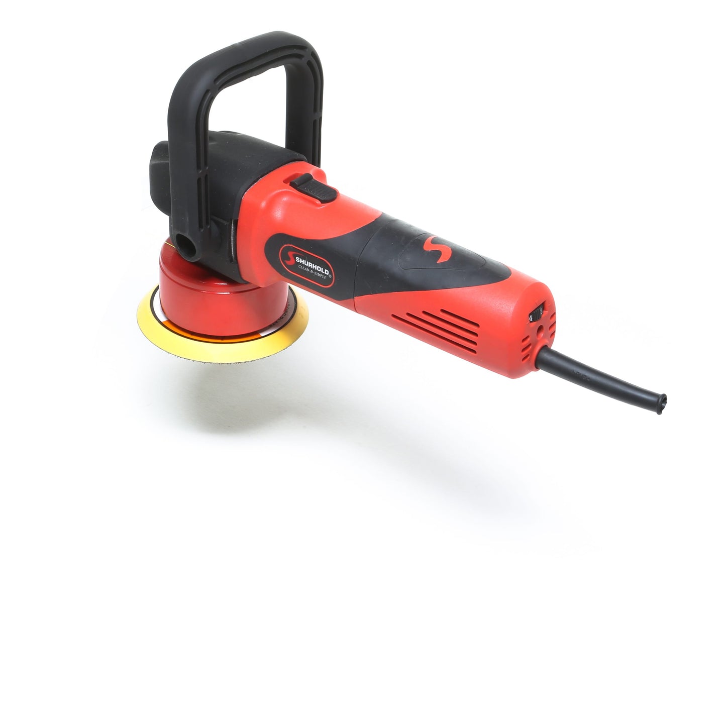 A Shurhold Industries, Inc. Dual Action Polisher in red and black, featuring a side handle and power cord for a high-gloss finish, is shown on a white background.