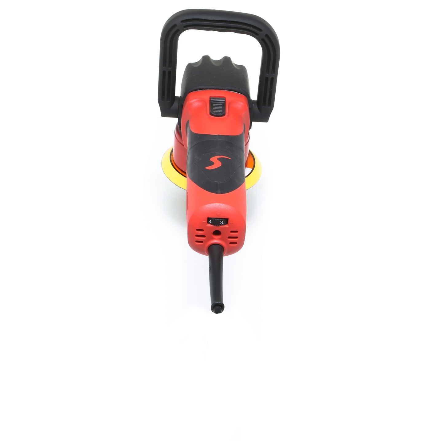 A red and black Shurhold Industries, Inc. Dual Action Polisher is shown from the front against a white background—a handheld tool with a handle, ideal for achieving a high-gloss finish.