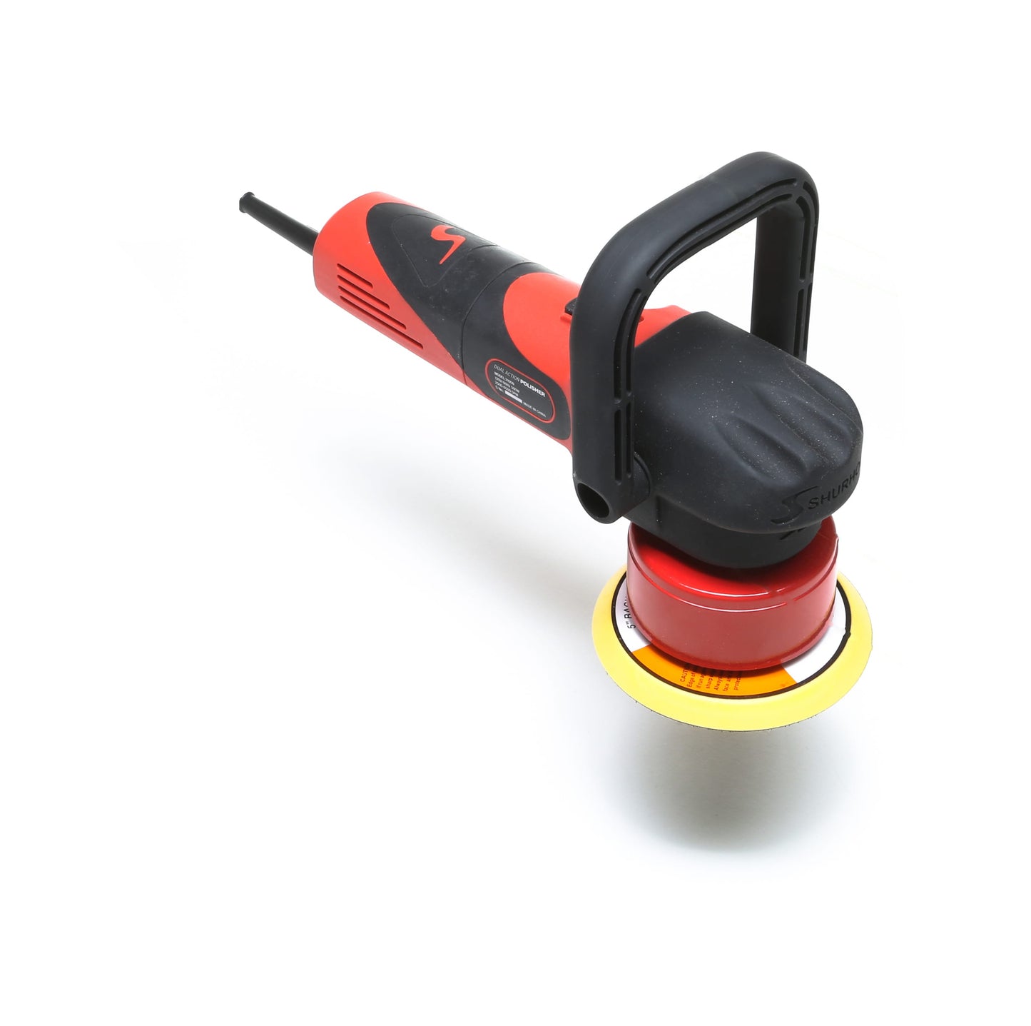 The Shurhold Industries, Inc. Dual Action Polisher, shown with a circular yellow and white pad on a white background, is ideal for achieving a high-gloss finish on your vehicle.