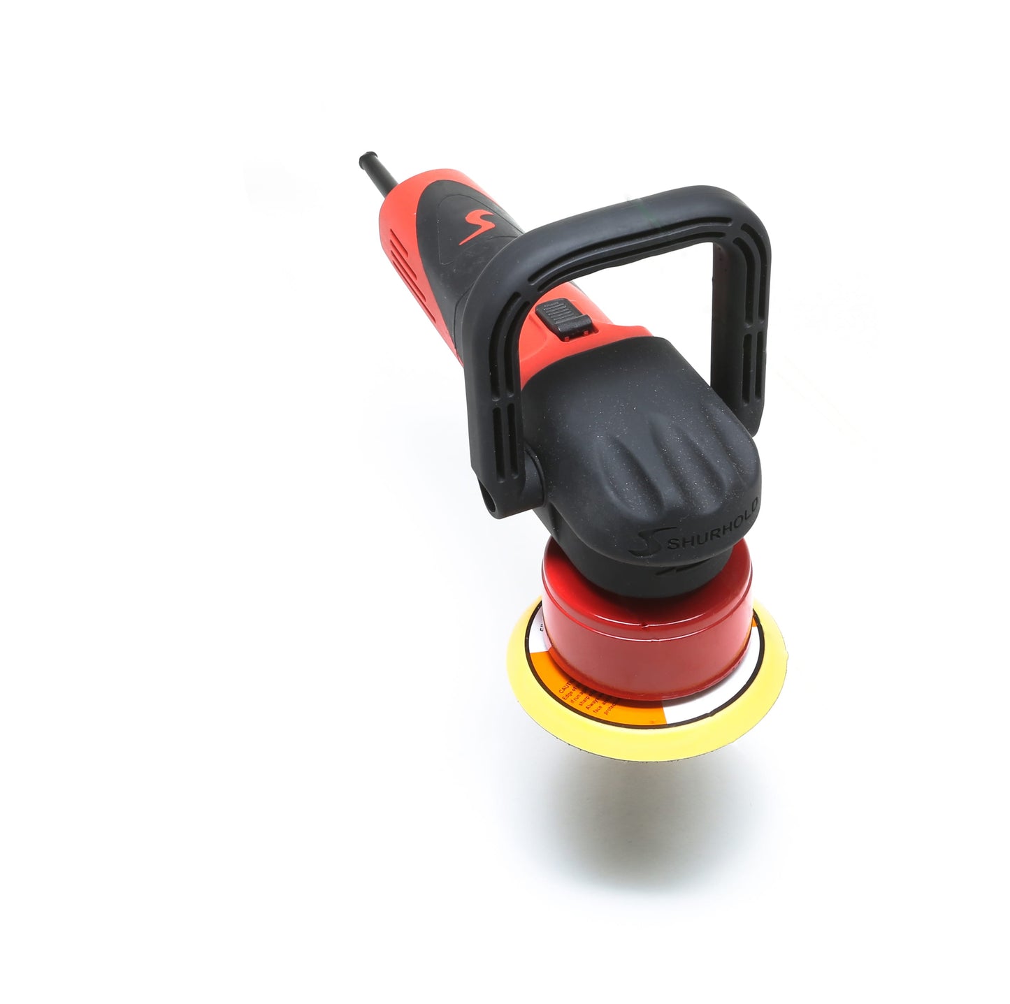 The Shurhold Industries, Inc. Dual Action Polisher, featuring a red and black design, handle, and circular yellow polishing pad for a high-gloss finish, is displayed against a white background.