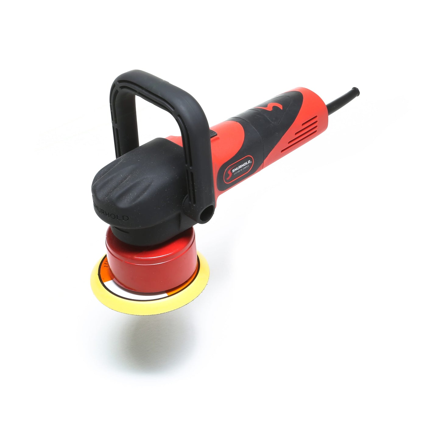 The Shurhold Industries, Inc. Dual Action Polisher, featuring a red and black design with a handle and yellow pad for a high-gloss finish, is displayed against a white background.