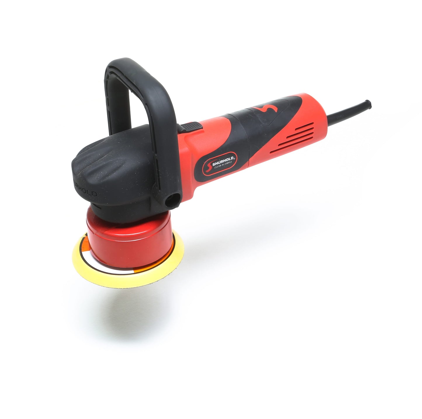 A Shurhold Industries, Inc. Dual Action Polisher in red and black with a round yellow sanding pad and side handle is displayed on a white background, designed to deliver a high-gloss finish.