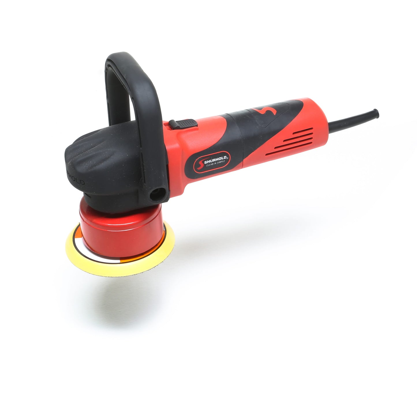 The Shurhold Industries, Inc. Dual Action Polisher, in red and black with a side handle and yellow pad, sits on a white surface—ideal for a high-gloss finish.