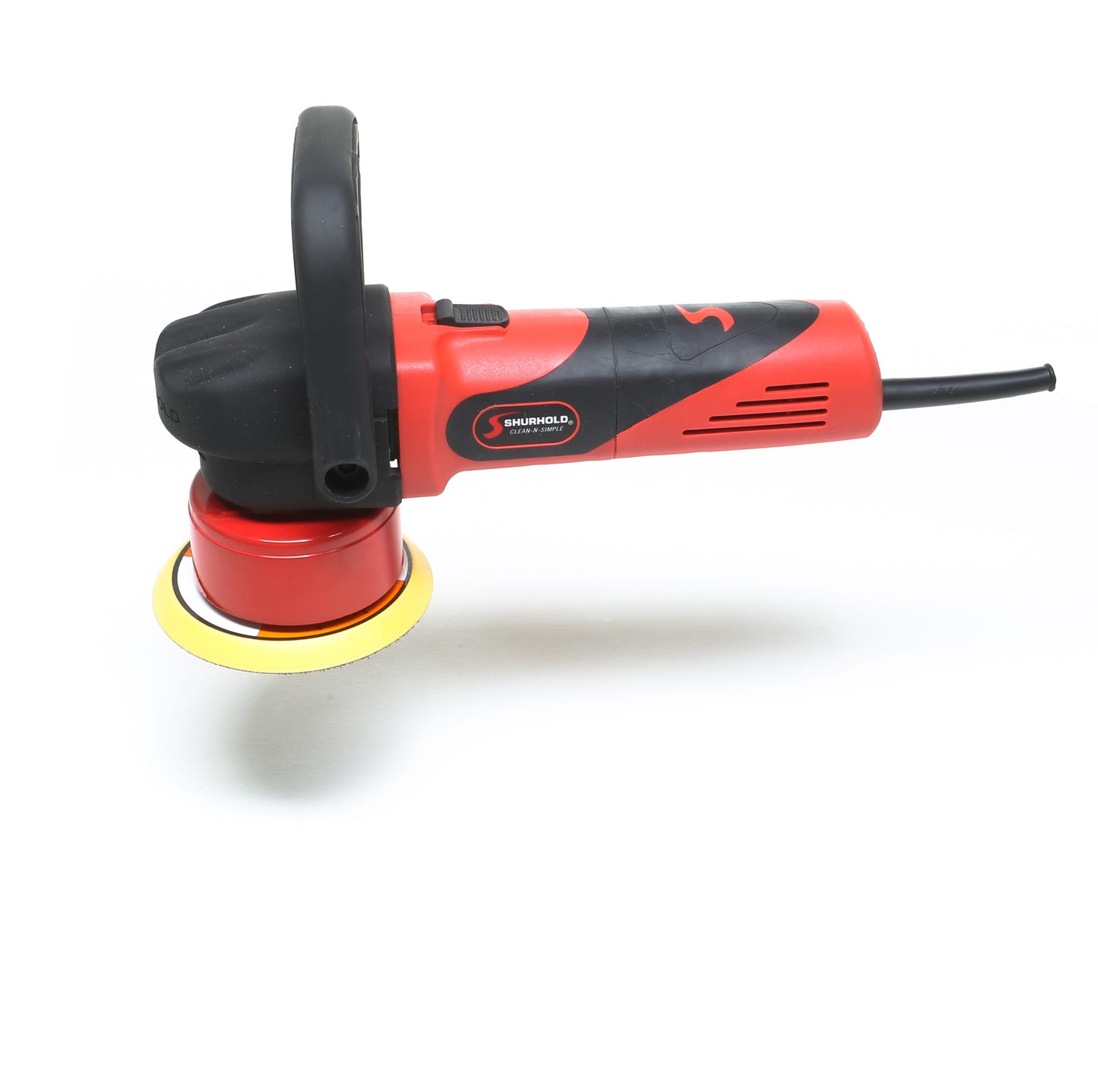 A Shurhold Industries, Inc. Dual Action Polisher in red and black with a yellow foam pad rests on a white surface, ideal for producing a high-gloss finish.