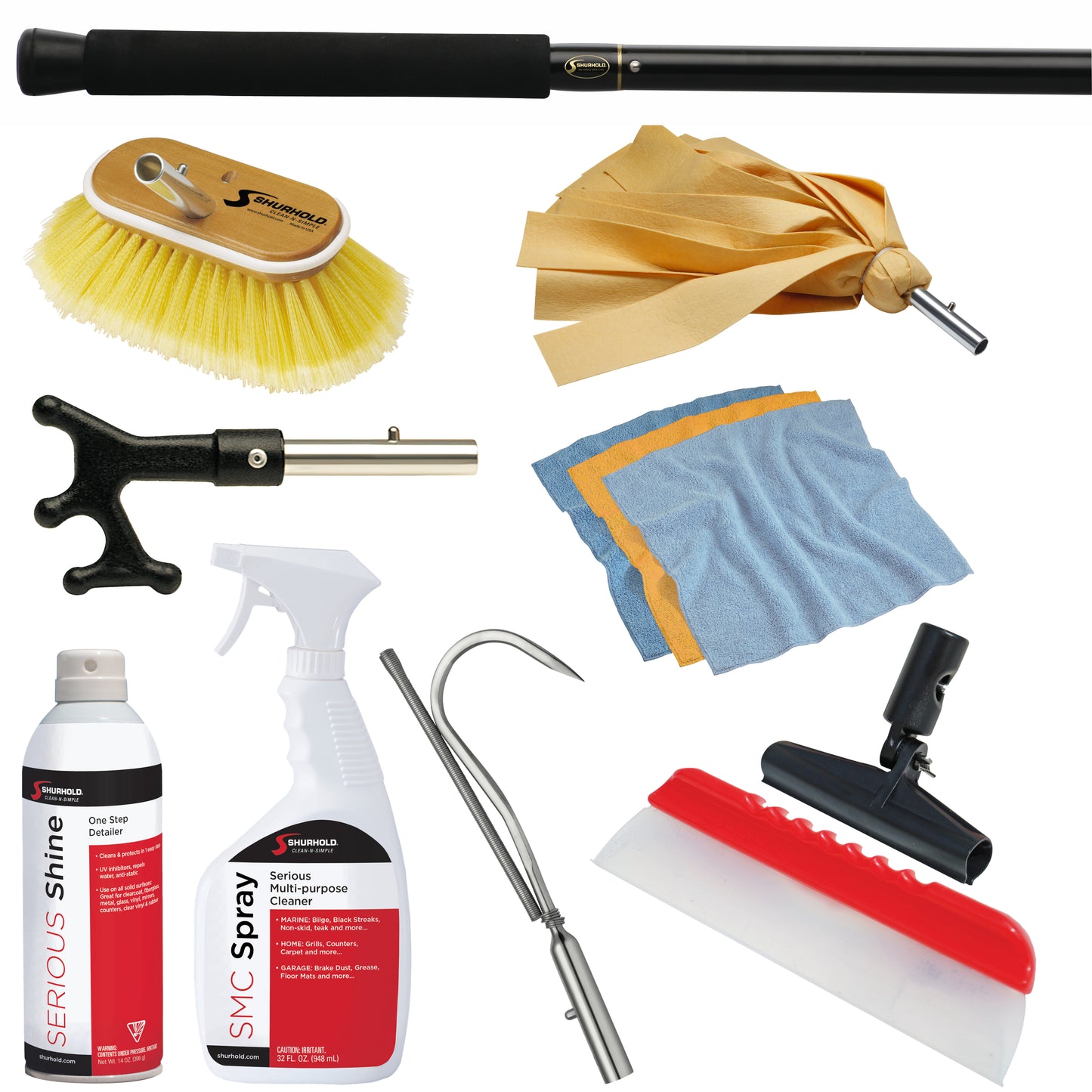 The Big Game Sport Fish Kit by Shurhold Industries, Inc. features cleaning tools like a telescoping handle brush, squeegee, cloths, spray bottles, and extension pole, all arranged on a white background.