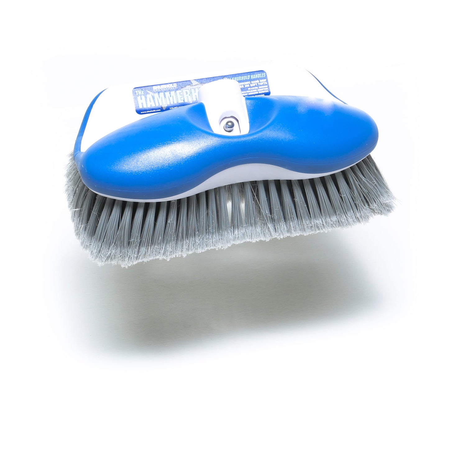 The Hammerhead Brush by Shurhold Industries, Inc. is a blue and white handheld scrub brush with dense gray bristles and an ergonomic shape, shown against a white background.