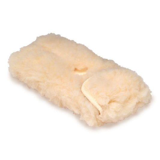 The Shurhold Industries, Inc. Synthetic Lambs Wool Cover is a rectangular, cream-colored synthetic wool cover for the Shurhold Swivel Pad, featuring a small opening and stitched edge on one side.