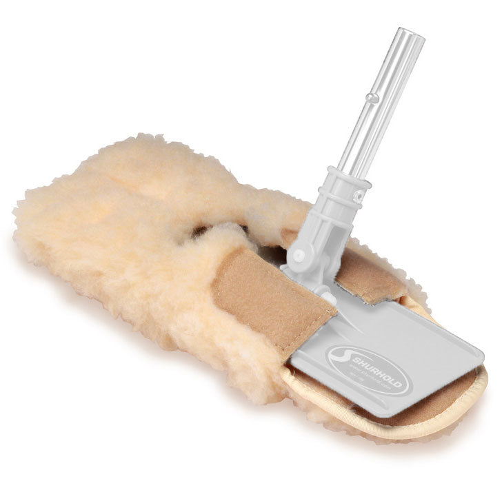 The Shurhold Industries, Inc. Synthetic Lambs Wool Cover attaches to a flat cleaning tool with an adjustable handle—ideal for washing or polishing surfaces.