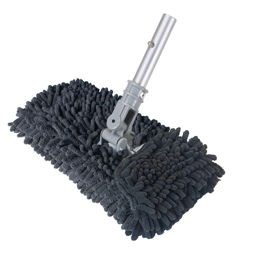The Shurhold Industries, Inc. Microfiber Pad Base Cover features gray chenille and scrubbing fibers on a swivel base with an adjustable silver metal handle, designed for a streak-free finish. Isolated on white background.