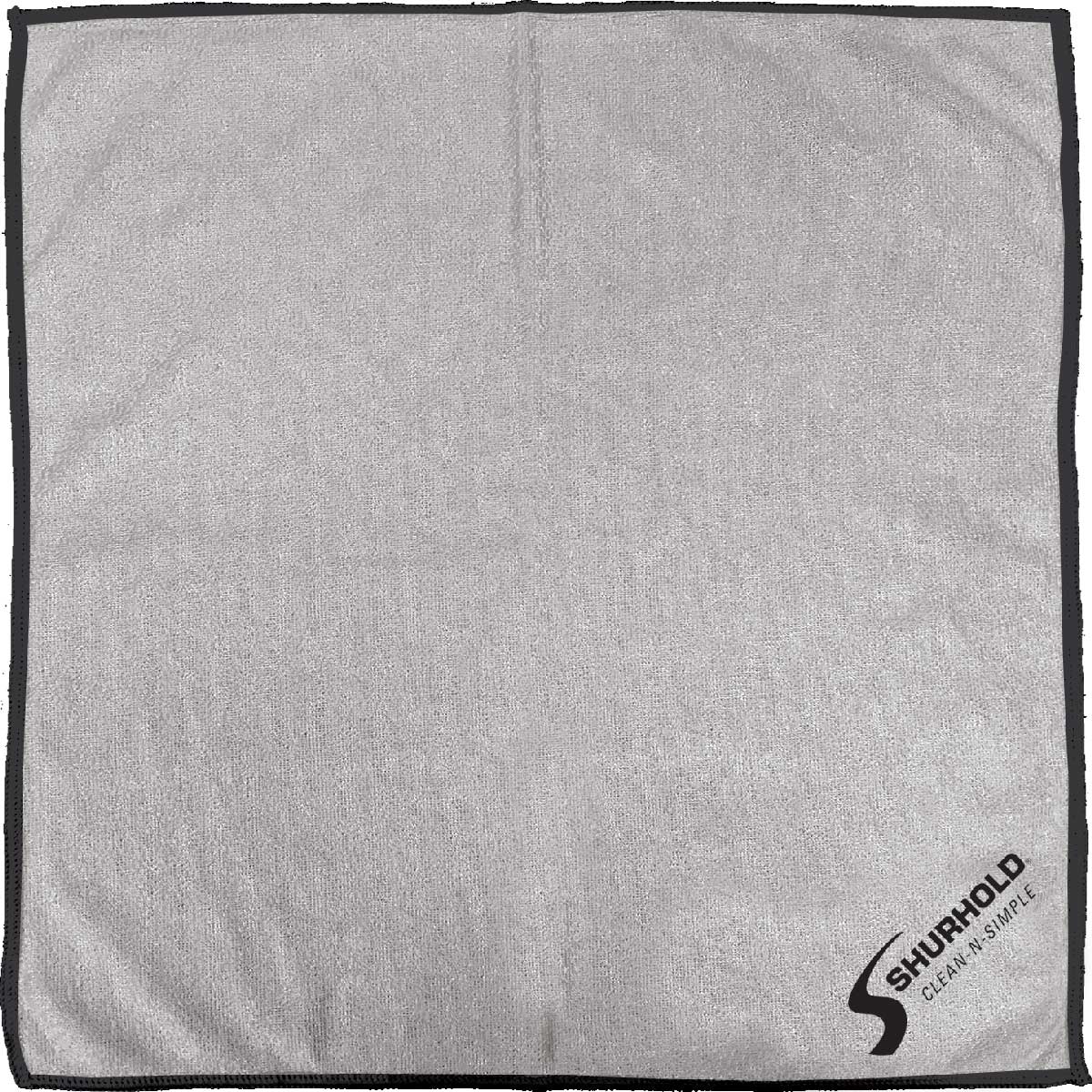 The Shurhold Industries, Inc. Microfiber Towel (12 Pack) includes super absorbent gray cloths with black edges and a logo—perfect for cleaning electronic screens and everyday use.