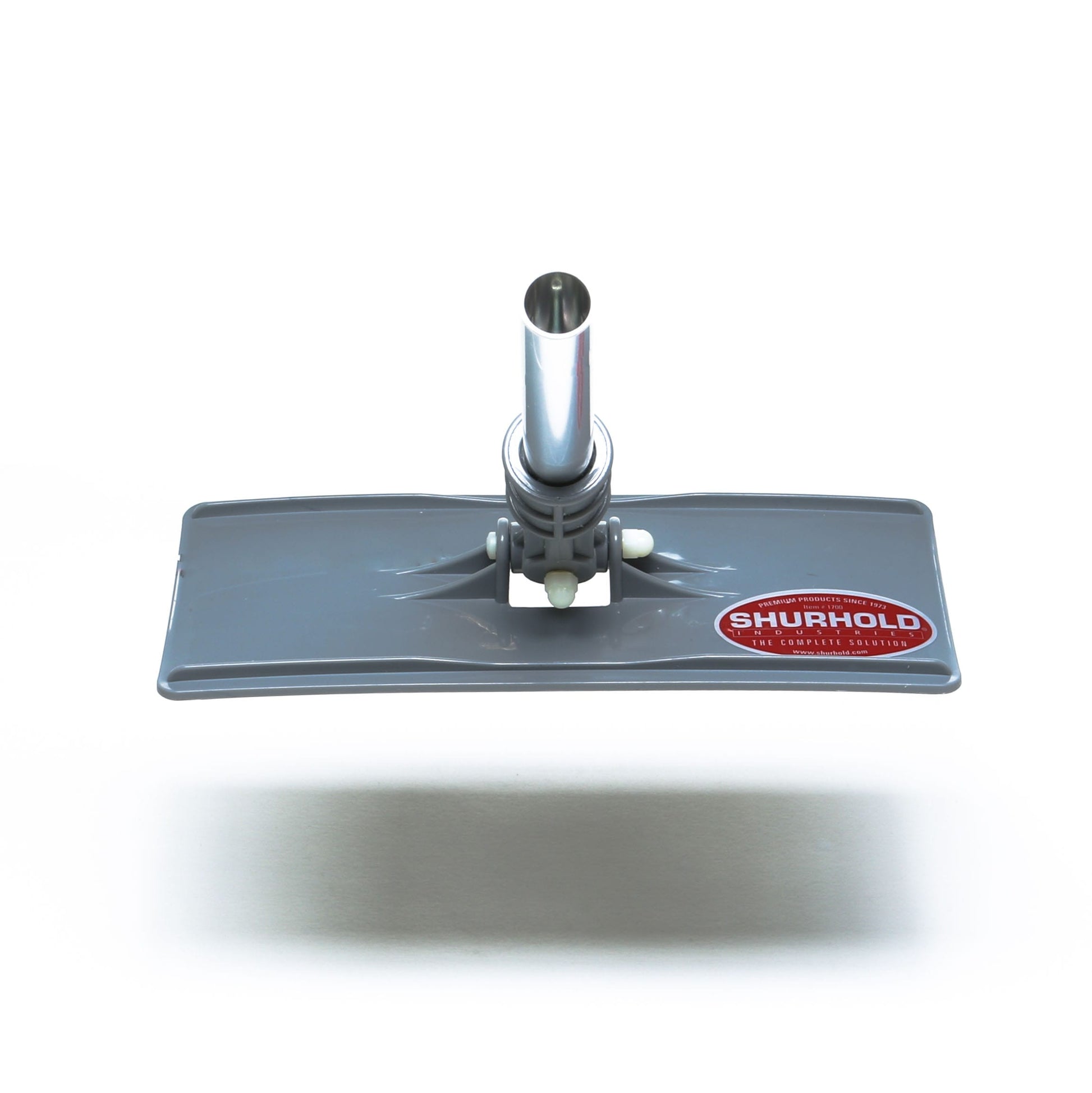 The Swivel Pad Base by Shurhold Industries, Inc. is a gray rectangular mop or brush head attachment with a metal tube connector and red Shurhold logo, designed for use with Shurhold attachments and Scrubber Pads, shown on a white background.