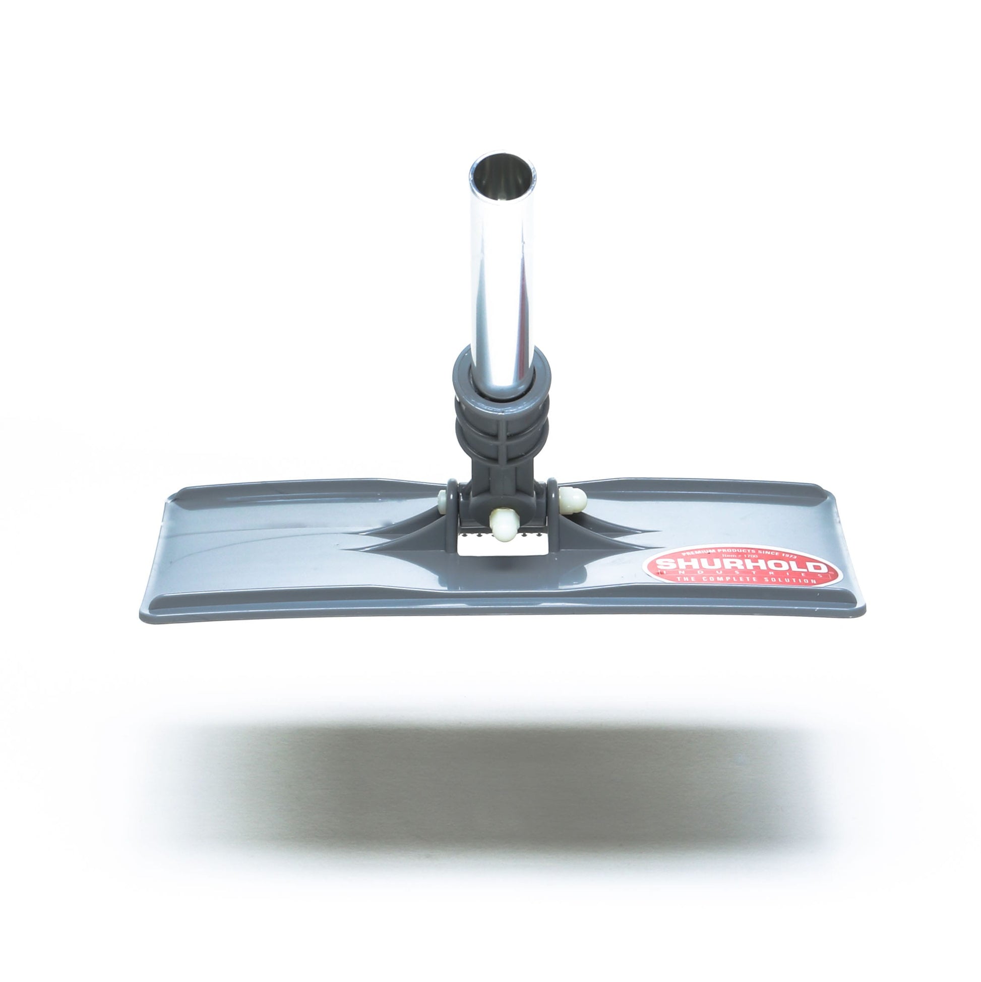 Rectangular gray Swivel Pad Base by Shurhold Industries, Inc., with a central metal handle, compatible with Shurhold attachments, and brand label on the right side, pictured against a white background.