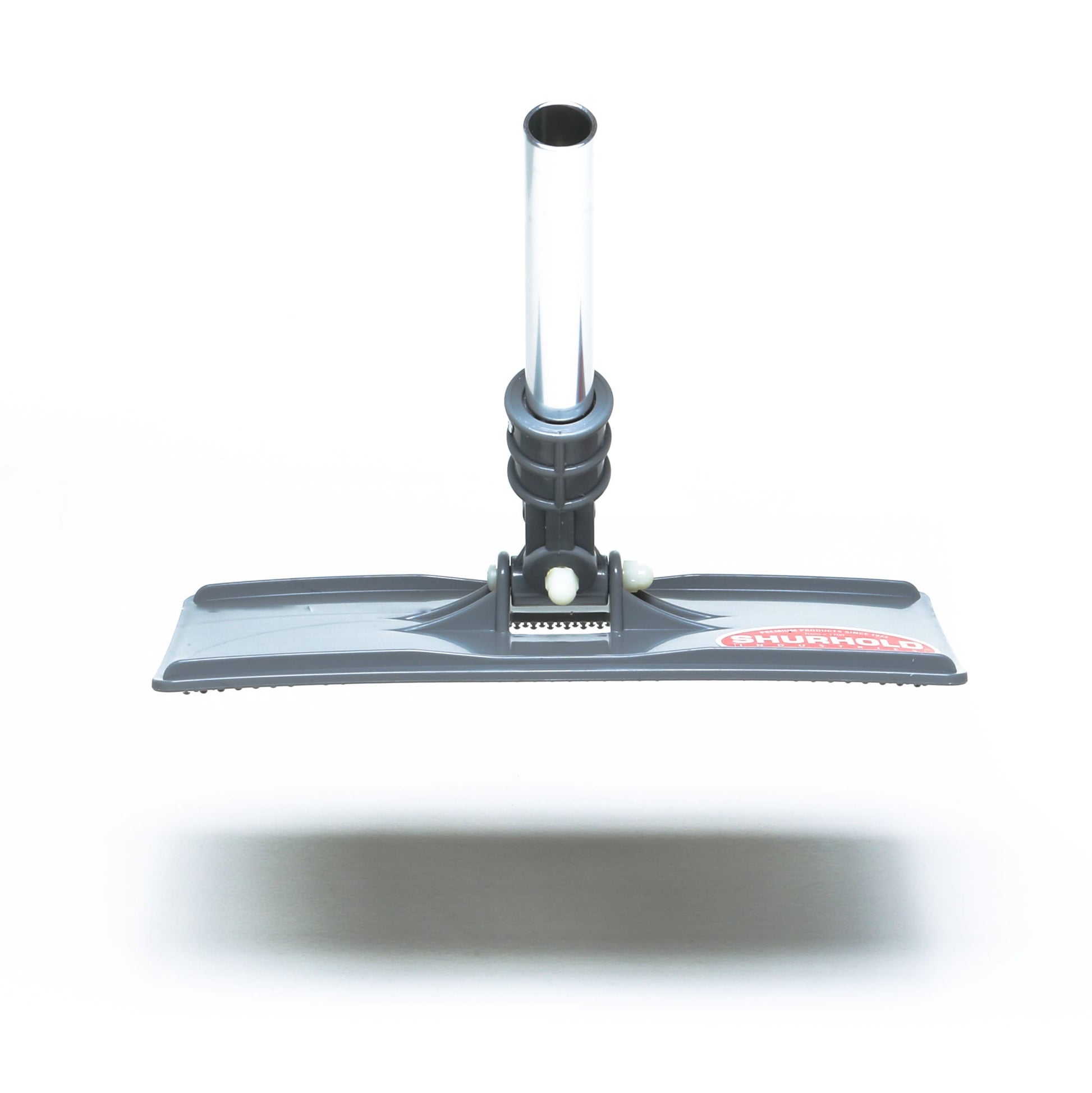 The Shurhold Industries, Inc. Swivel Pad Base is a gray floor mop with a flat rectangular rotating pad and metal handle, shown on a white background with a shadow underneath.