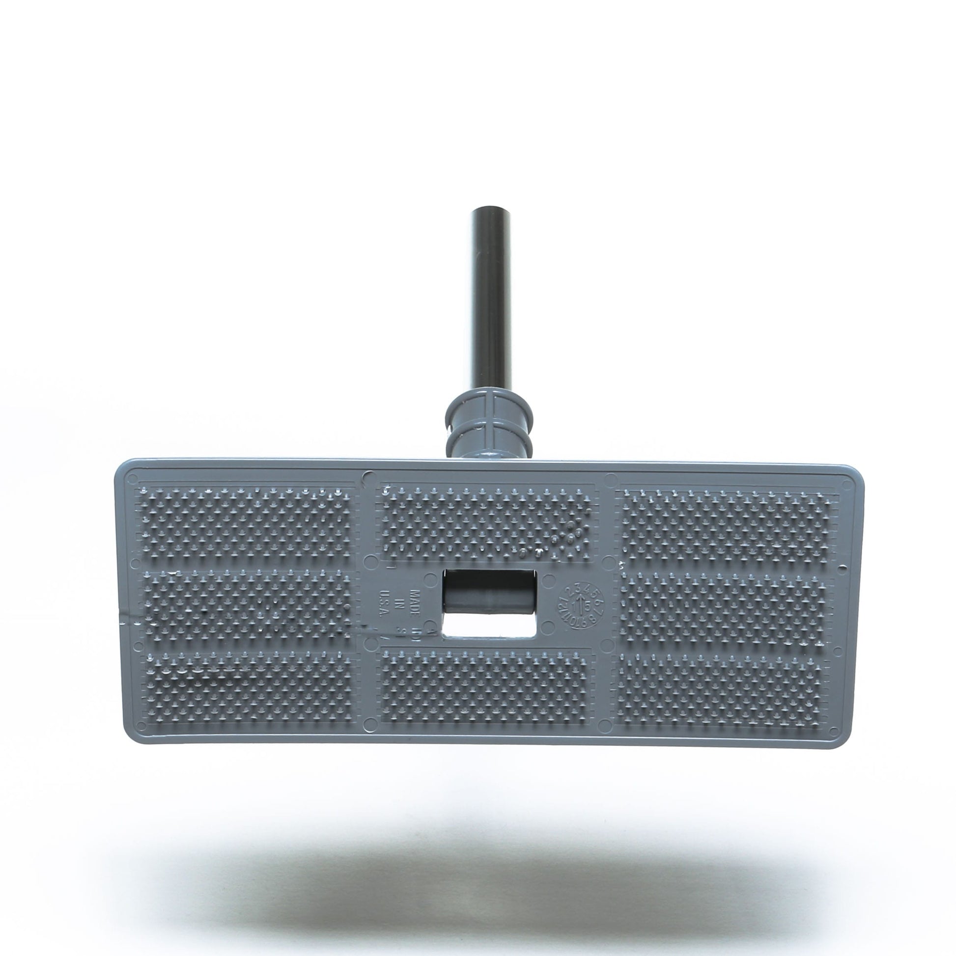 The Shurhold Industries Swivel Pad Base is a gray rectangular mop head with a textured surface and central hole, attached to a handle. It’s compatible with various Shurhold scrubber pads, shown here against a white background.