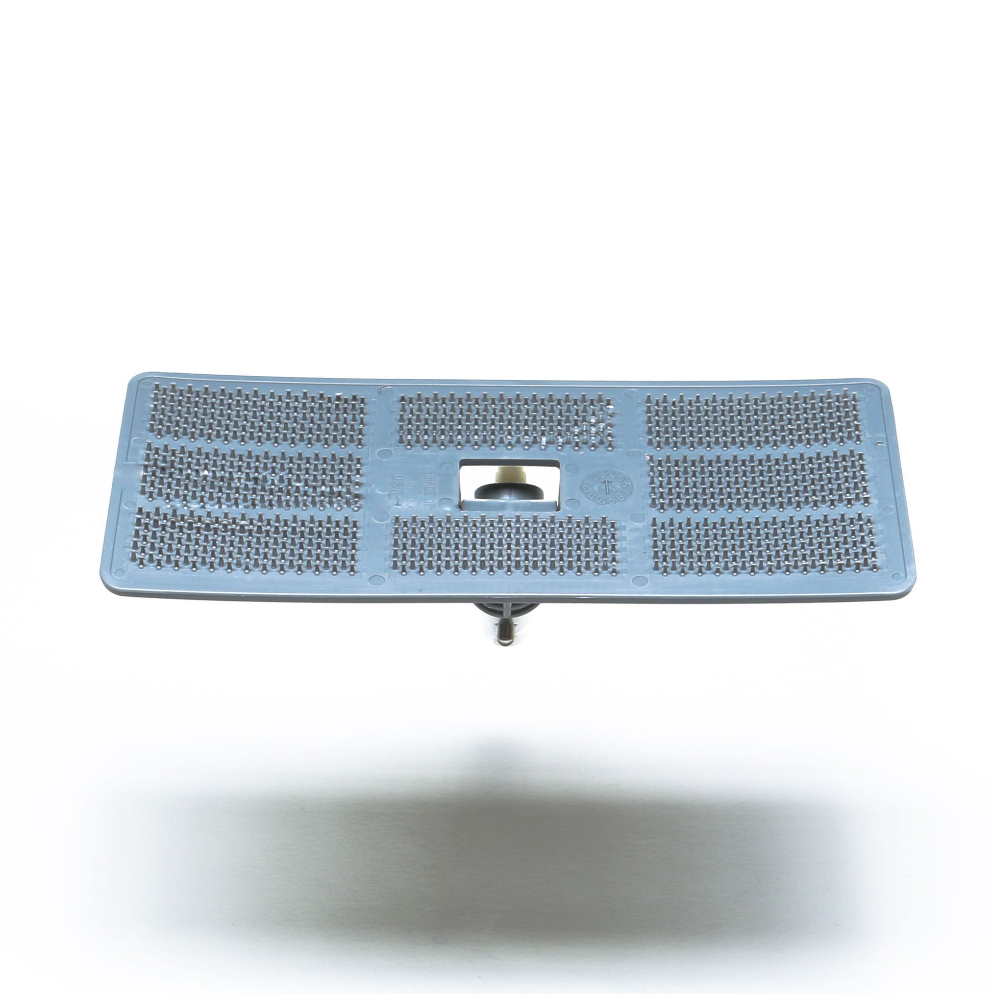 The Shurhold Industries Swivel Pad Base is a rectangular, gray metal plate with a textured, perforated surface and central hole on a single support—perfect for attaching scrubber pads or Shurhold accessories for efficient cleaning.