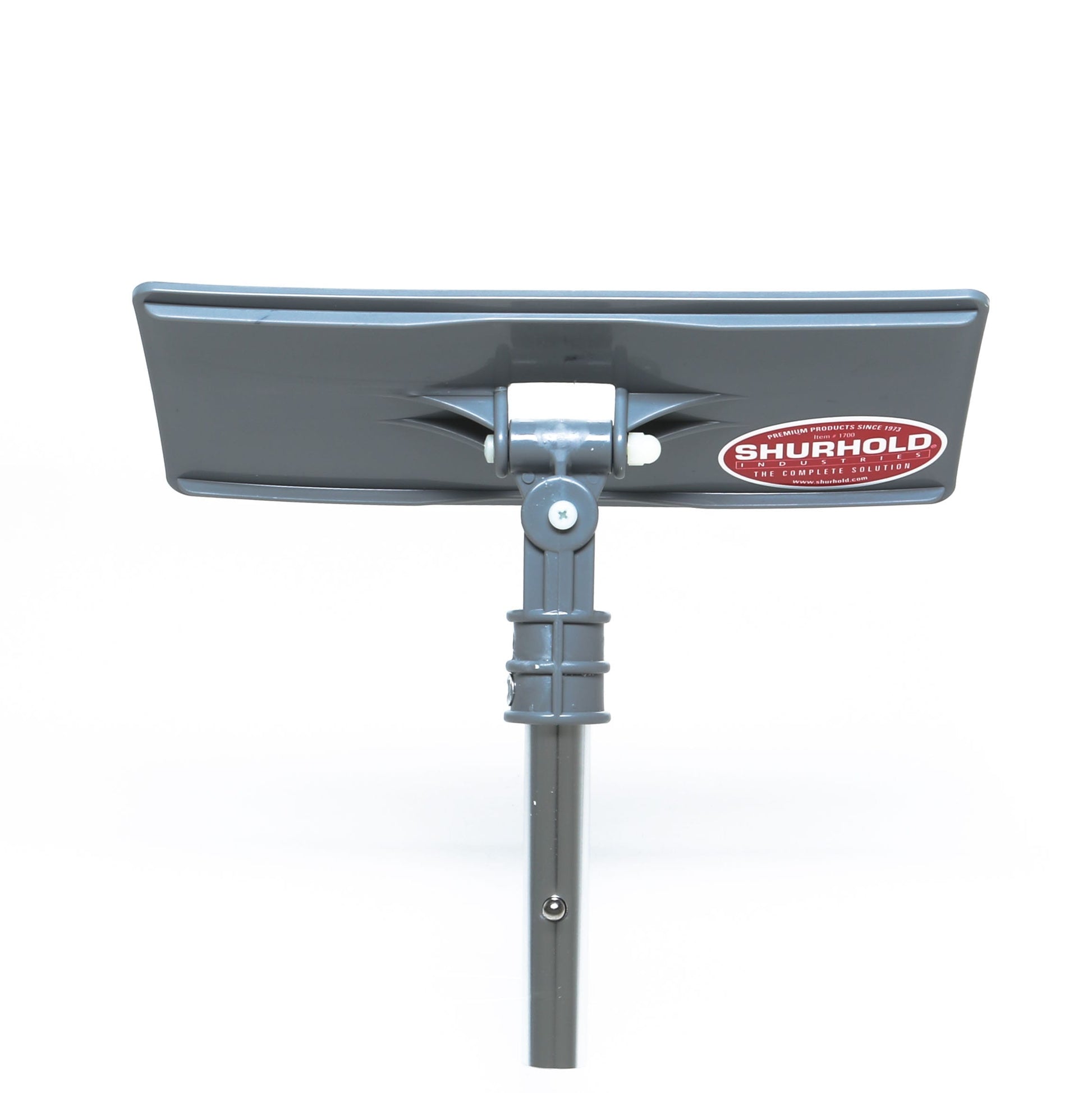 The Shurhold Industries, Inc. Swivel Pad Base is a gray rectangular cleaning tool that attaches to a pole, works with scrubber pads, and is designed for scrubbing or washing surfaces using Shurhold attachments.