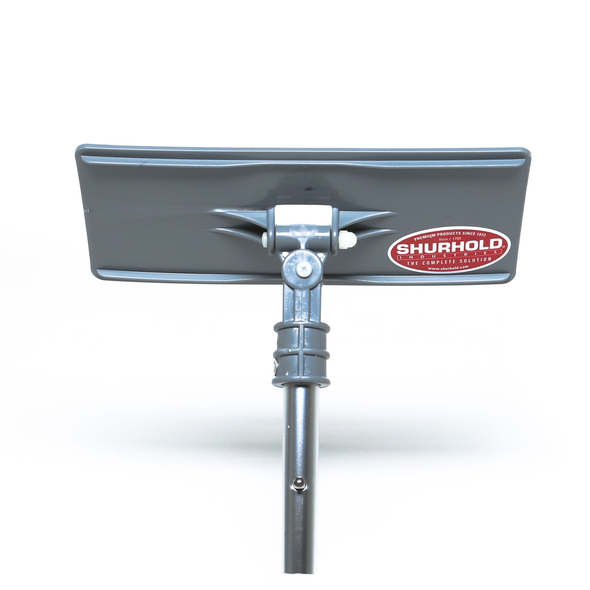 The Shurhold Industries, Inc. Swivel Pad Base is a rectangular gray cleaning tool head with a label on its gray handle, compatible with scrubber pads and other Shurhold attachments, shown against a white background.