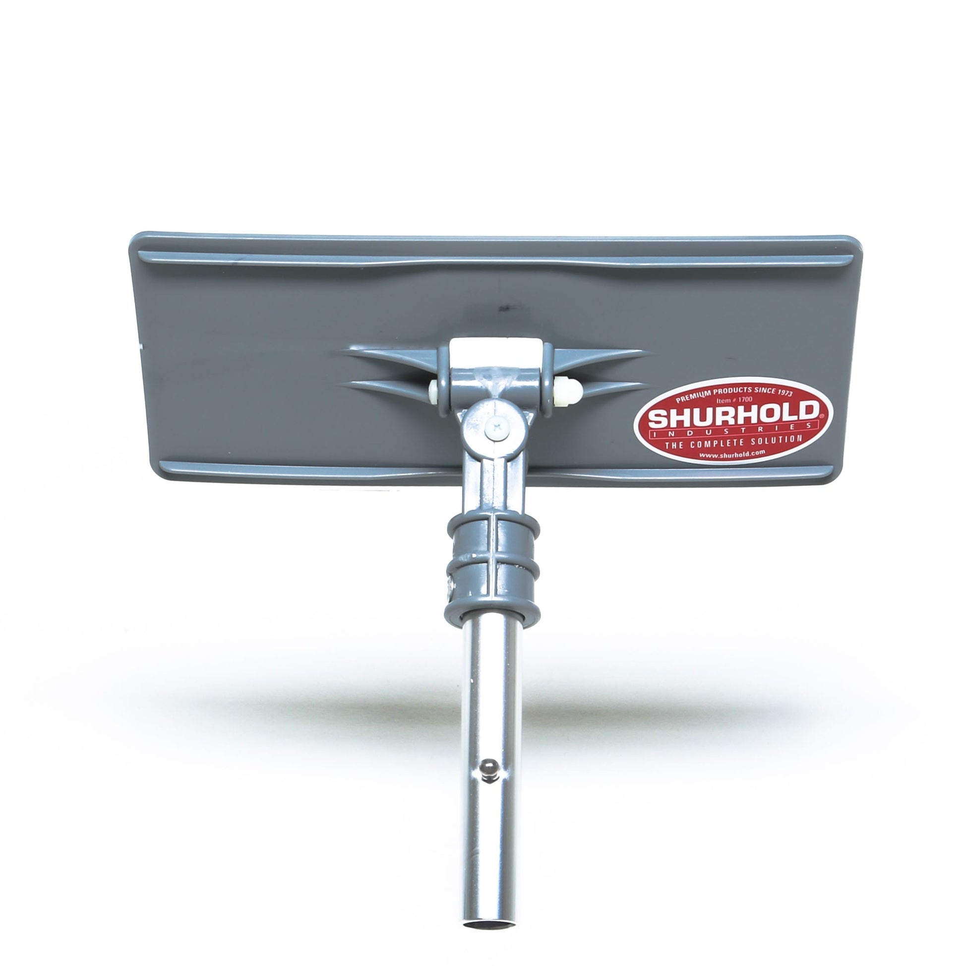 The Swivel Pad Base by Shurhold Industries, Inc. is a rectangular gray cleaning attachment with a pivot joint and metal pole, designed for use with scrubber pads and compatible Shurhold accessories.