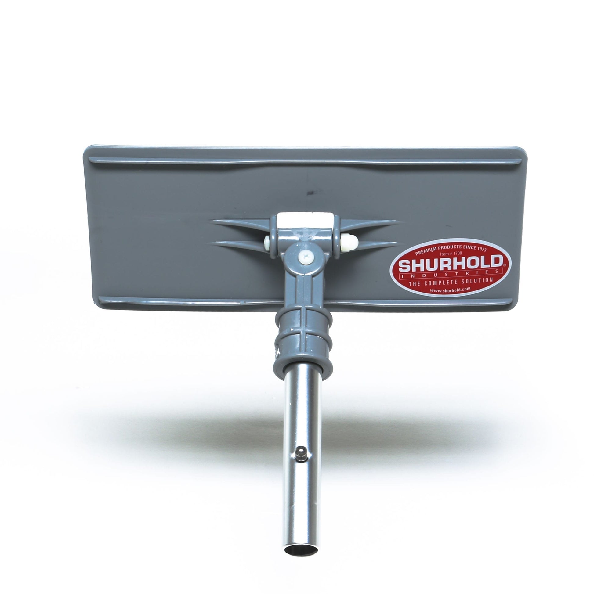 A rectangular gray Shurhold Industries, Inc. Swivel Pad Base cleaning attachment with a metal handle and compatible scrubber pads is shown against a white background.