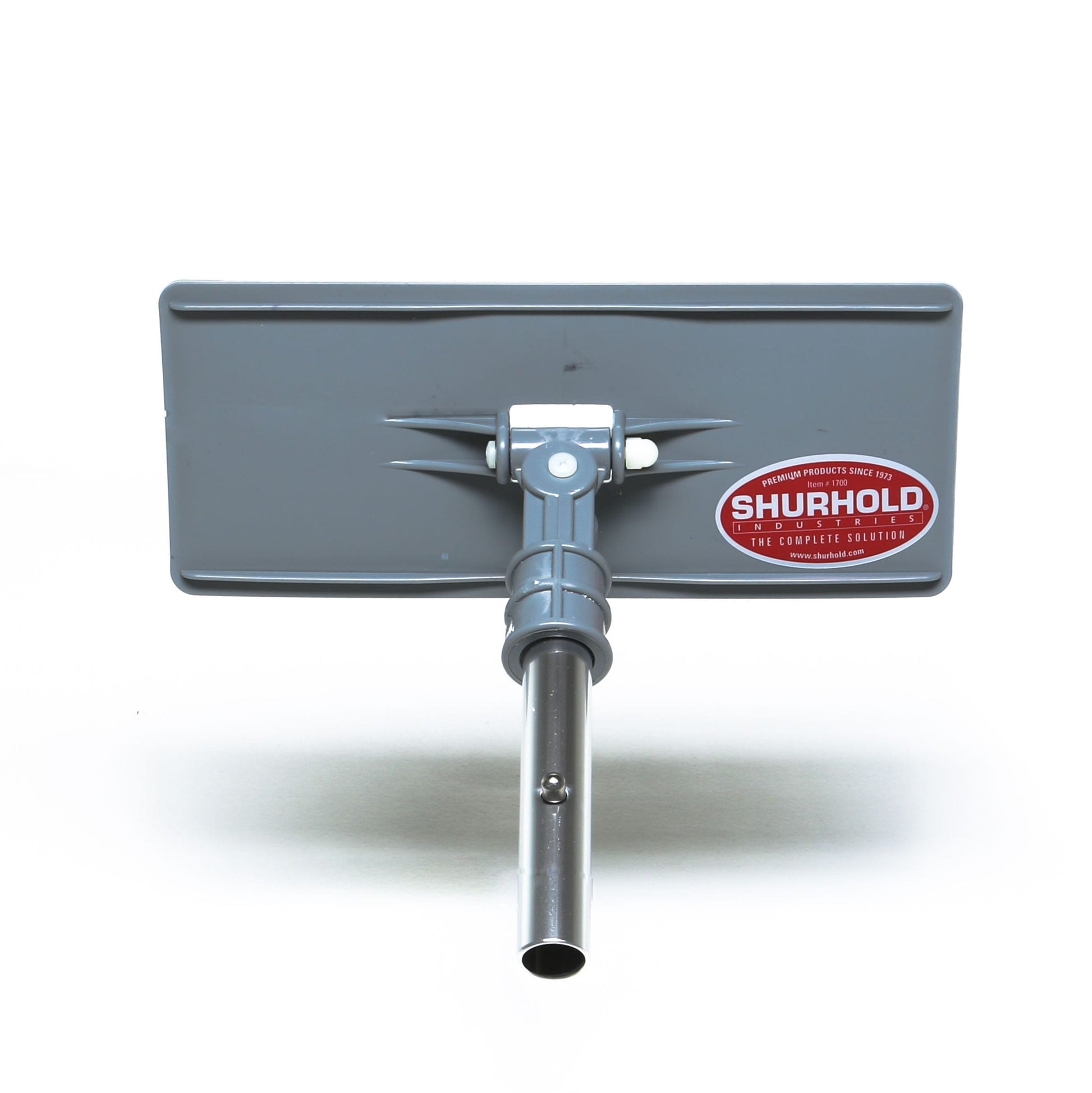 The Swivel Pad Base by Shurhold Industries, Inc. is a rectangular gray cleaning pad holder with a metal handle attachment, compatible with various Shurhold accessories and ideal for use with scrubber pads.