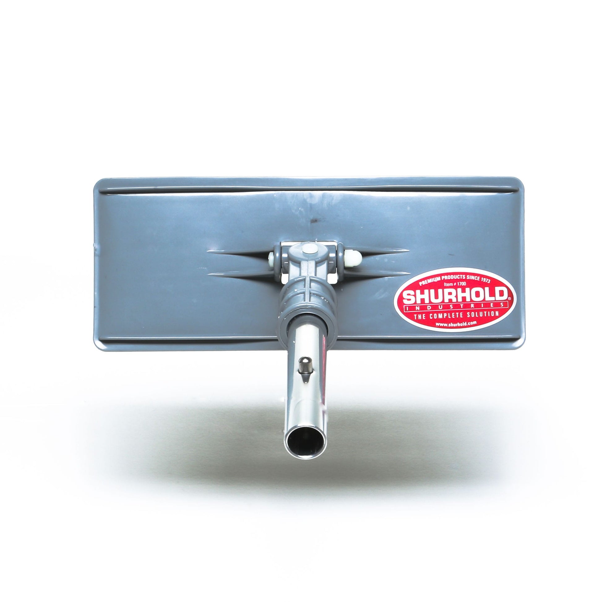 A rectangular gray Shurhold Industries, Inc. Swivel Pad Base with a metal tube attachment and red label, designed for use with scrubber pads and compatible with Shurhold attachments, photographed on a white background.