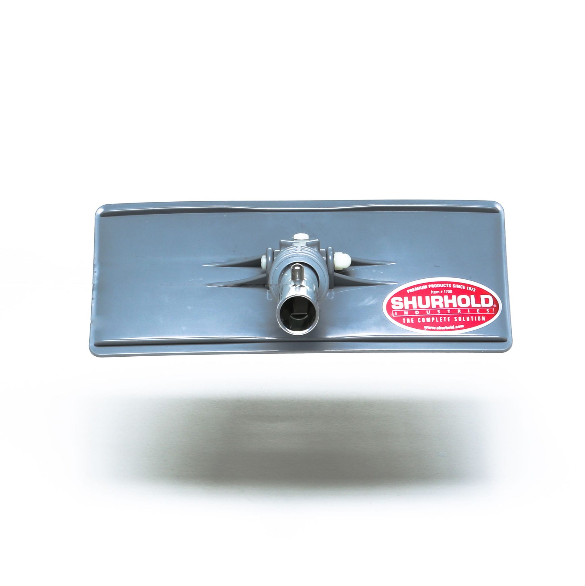 The Shurhold Industries Swivel Pad Base is a gray, rectangular cleaning attachment featuring a central connector and a red and white Shurhold label, compatible with multiple Shurhold attachments and scrubber pads.