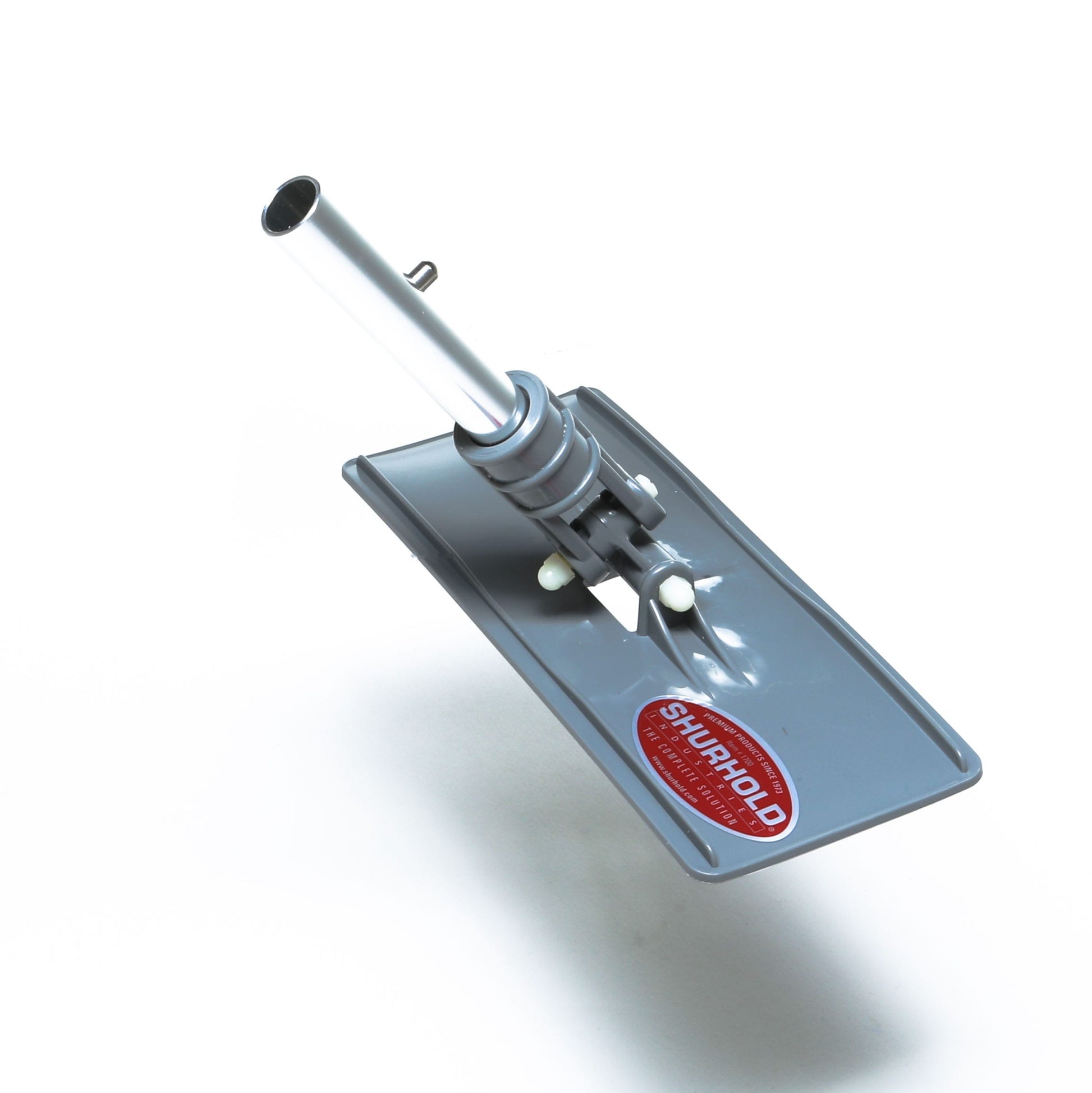 The Swivel Pad Base by Shurhold Industries, Inc. is a gray rectangular mop or scrubber head attachment with a metal handle socket and red Shurhold label, compatible with other Shurhold attachments and scrubber pads.