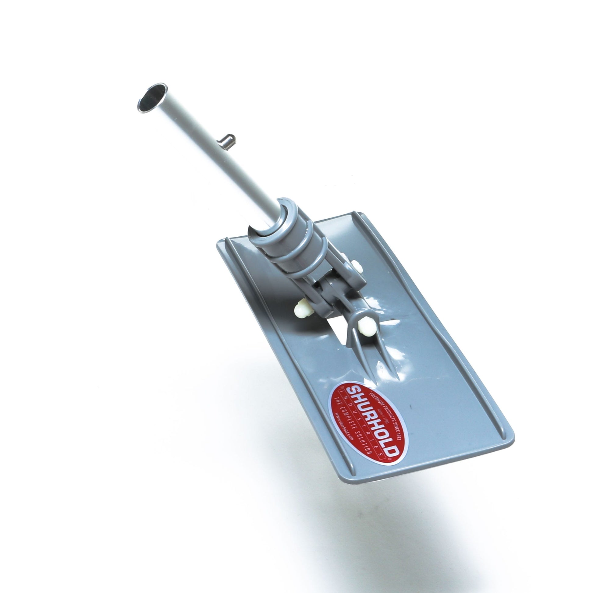 The gray adjustable dustpan features a handle attachment and a red Shurhold label, and is compatible with Shurhold Industries, Inc. accessories like the Swivel Pad Base or scrubber pads. Its shown on a white background.