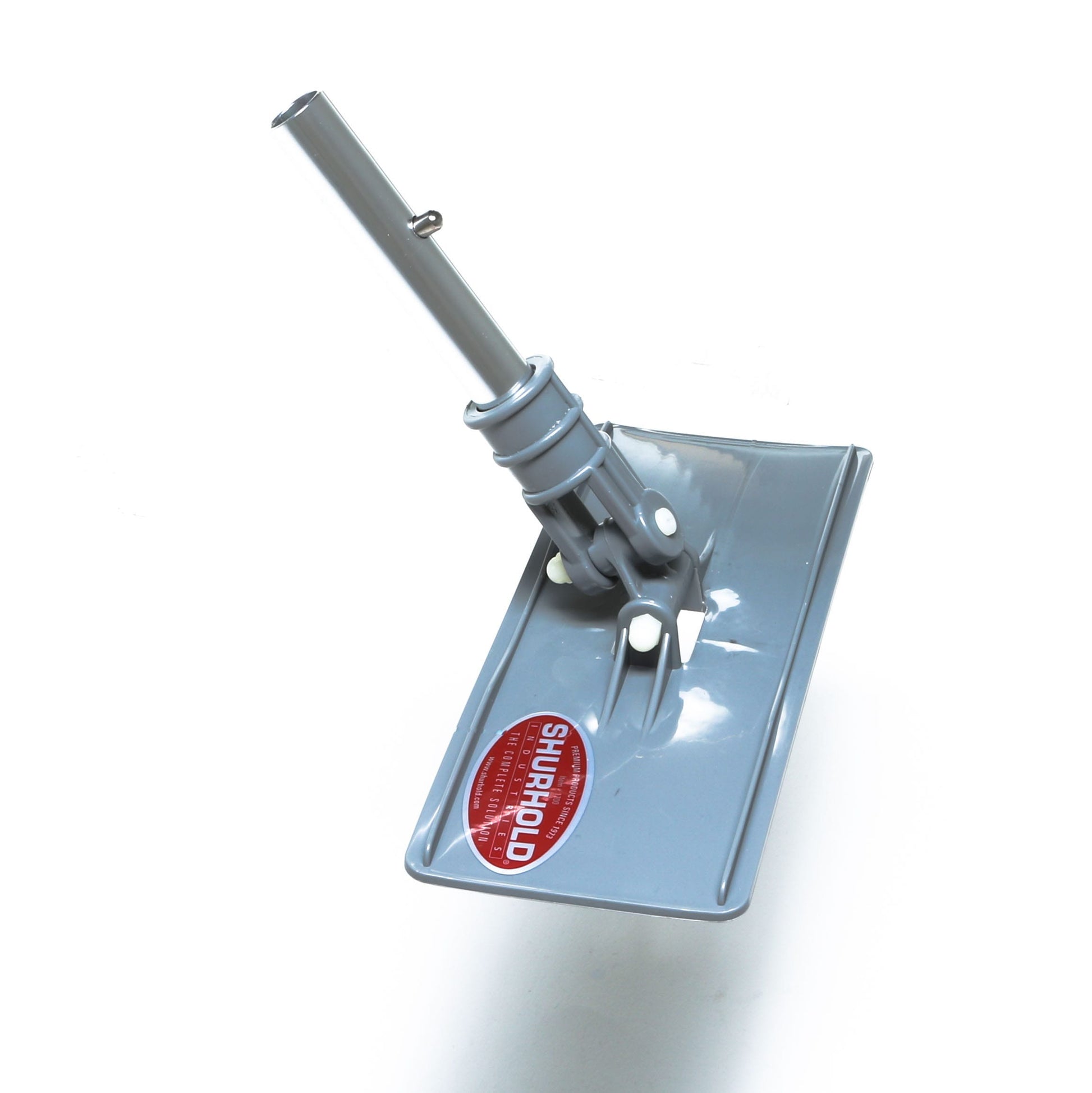 A gray rectangular Swivel Pad Base by Shurhold Industries, Inc. with a metal pole connector and red label, designed for Shurhold attachments, is shown against a white background.