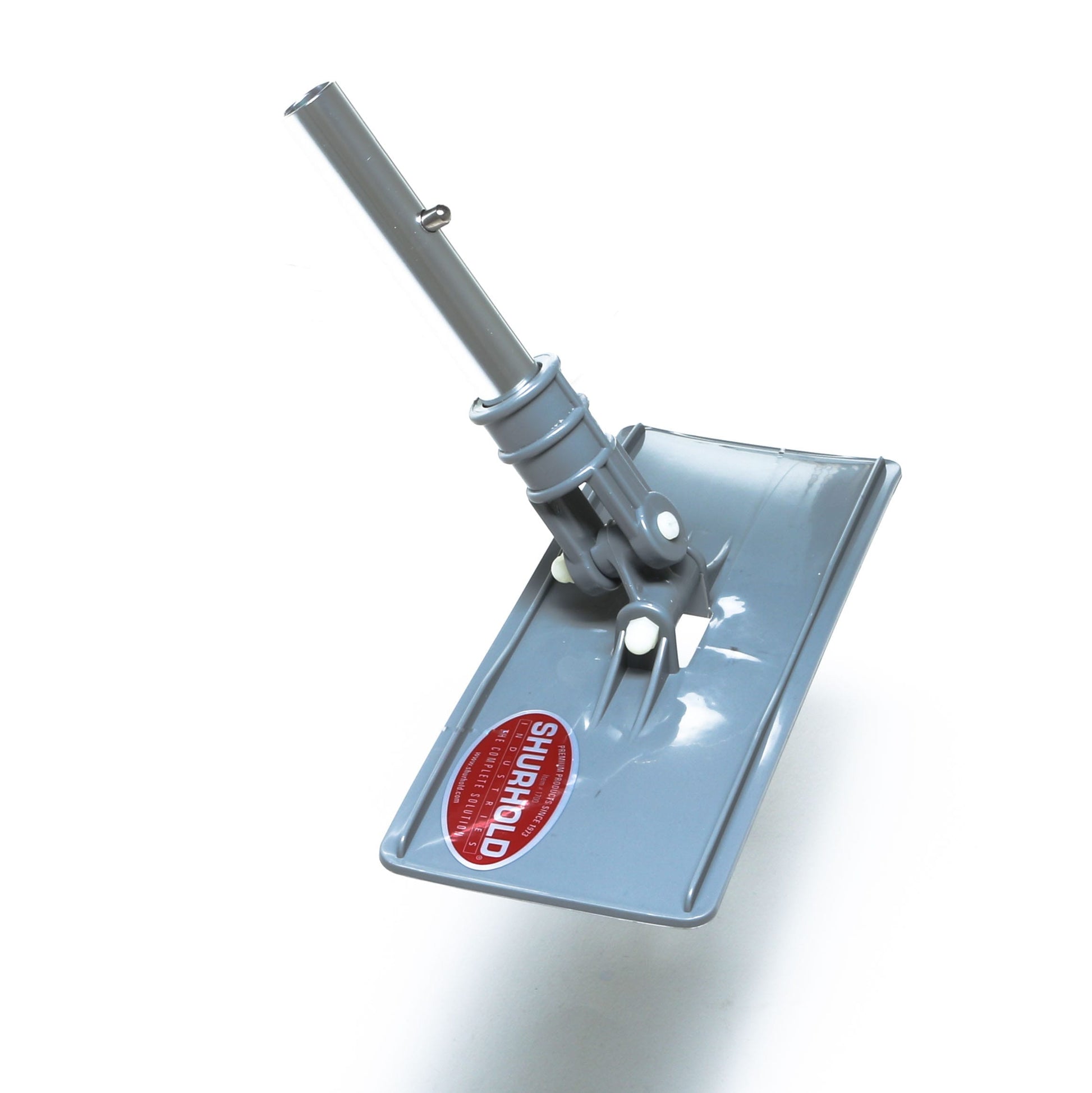 The Shurhold Industries, Inc. Swivel Pad Base features a gray rectangular design with a metal handle connector and red label, perfect for use with scrubber pads and other Shurhold attachments.