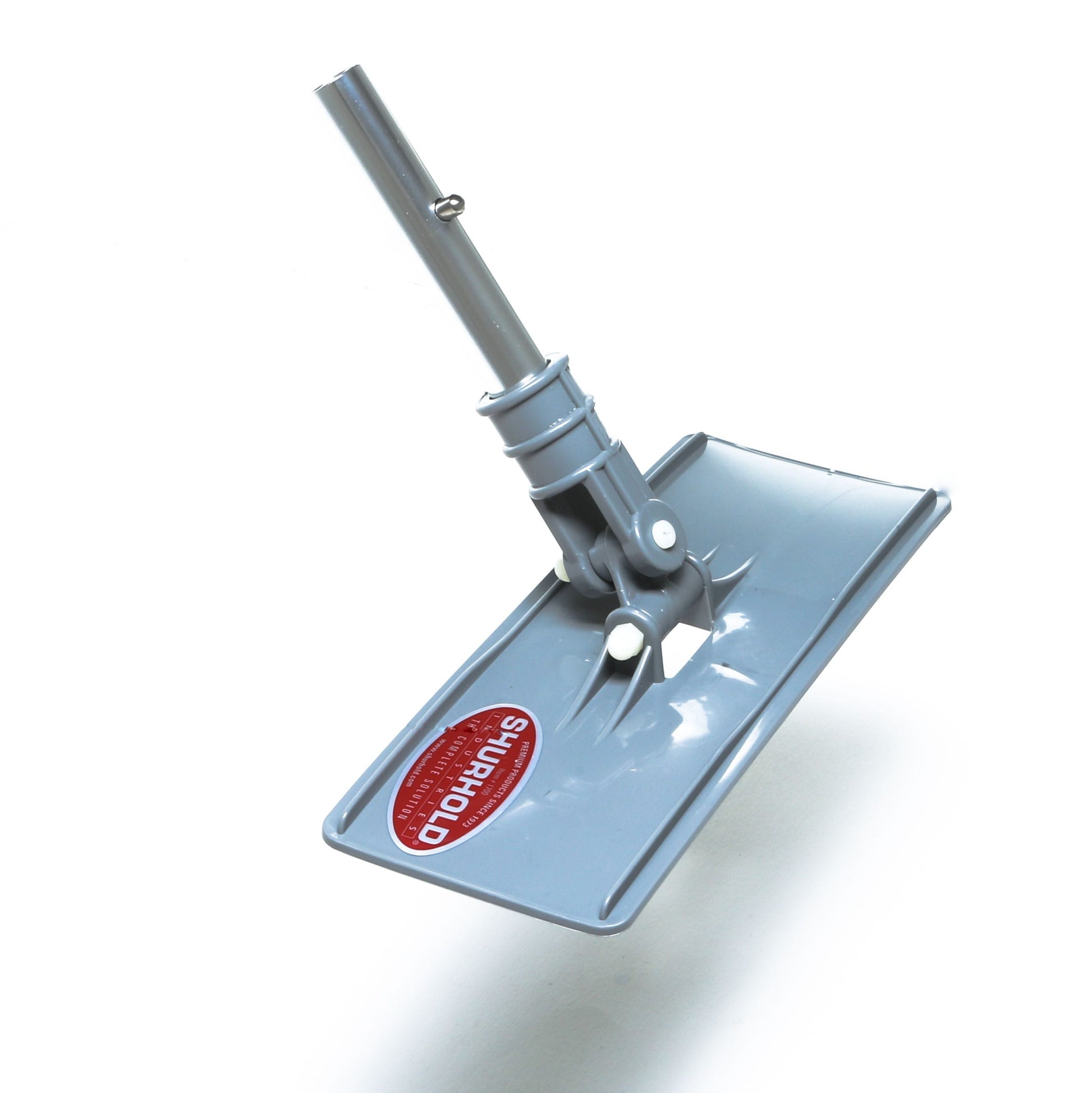 The Swivel Pad Base by Shurhold Industries, Inc. is a gray floor mop head with a rectangular swivel base and adjustable joint, compatible with scrubber pads for versatile cleaning.