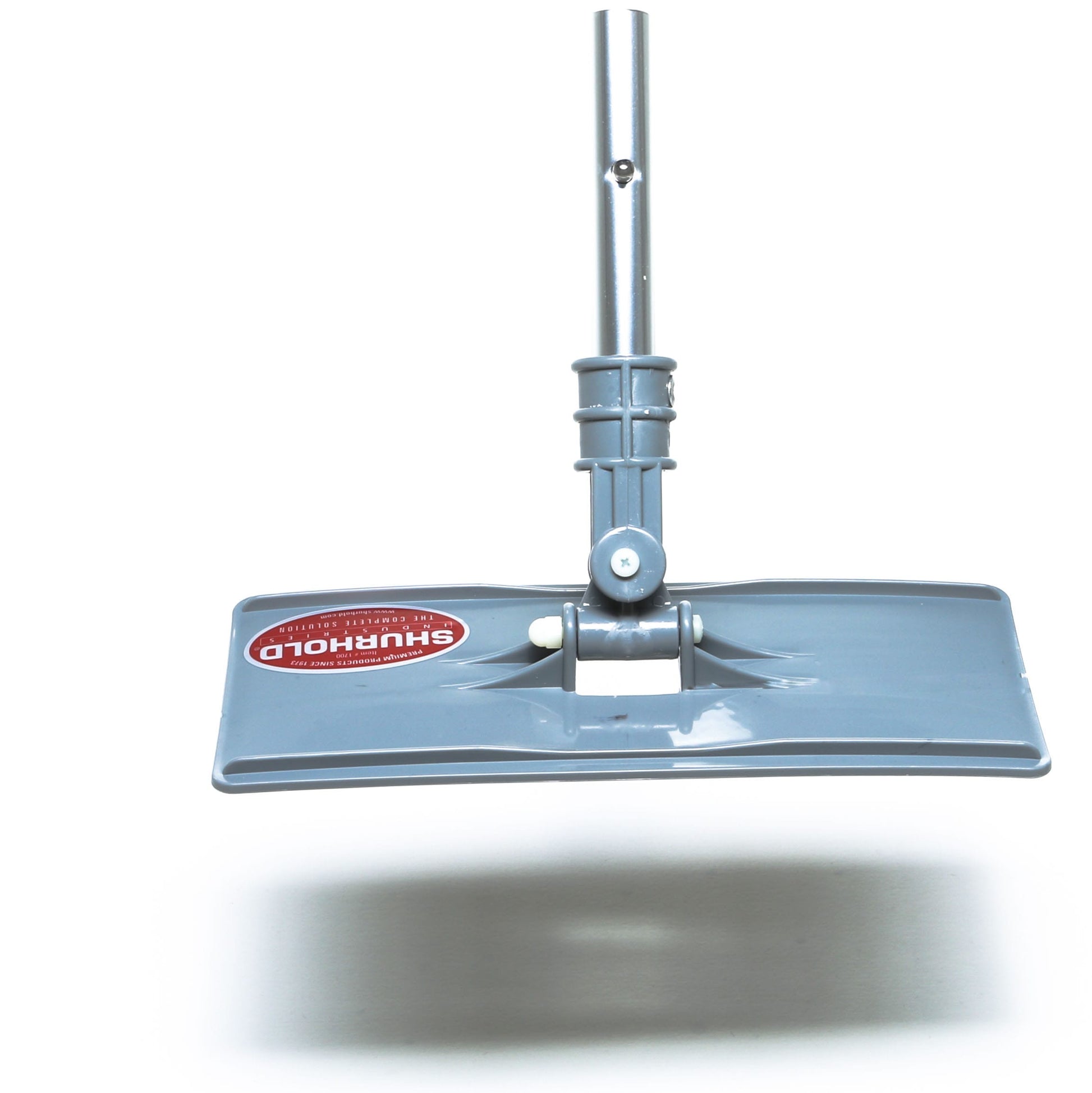 The Shurhold Industries, Inc. Swivel Pad Base features a gray plastic head with a metal handle attachment, compatible with Shurhold attachments and scrubber pads; shown on a white background with the SHURHOLD label.