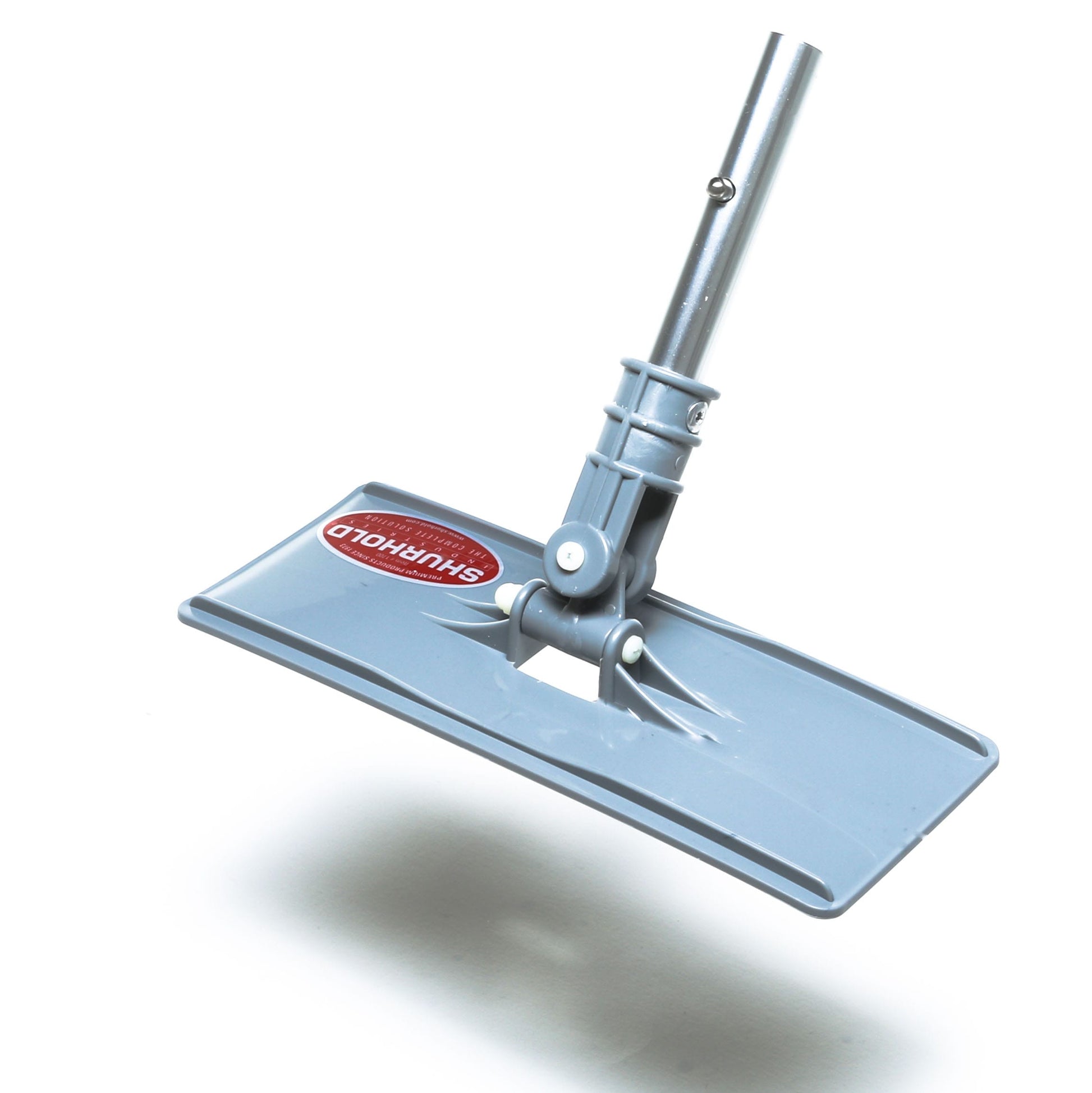 A silver and gray Shurhold Industries, Inc. Swivel Pad Base mop head with a pivoting joint and red label, compatible with Shurhold attachments or scrubber pads, is shown against a white background.