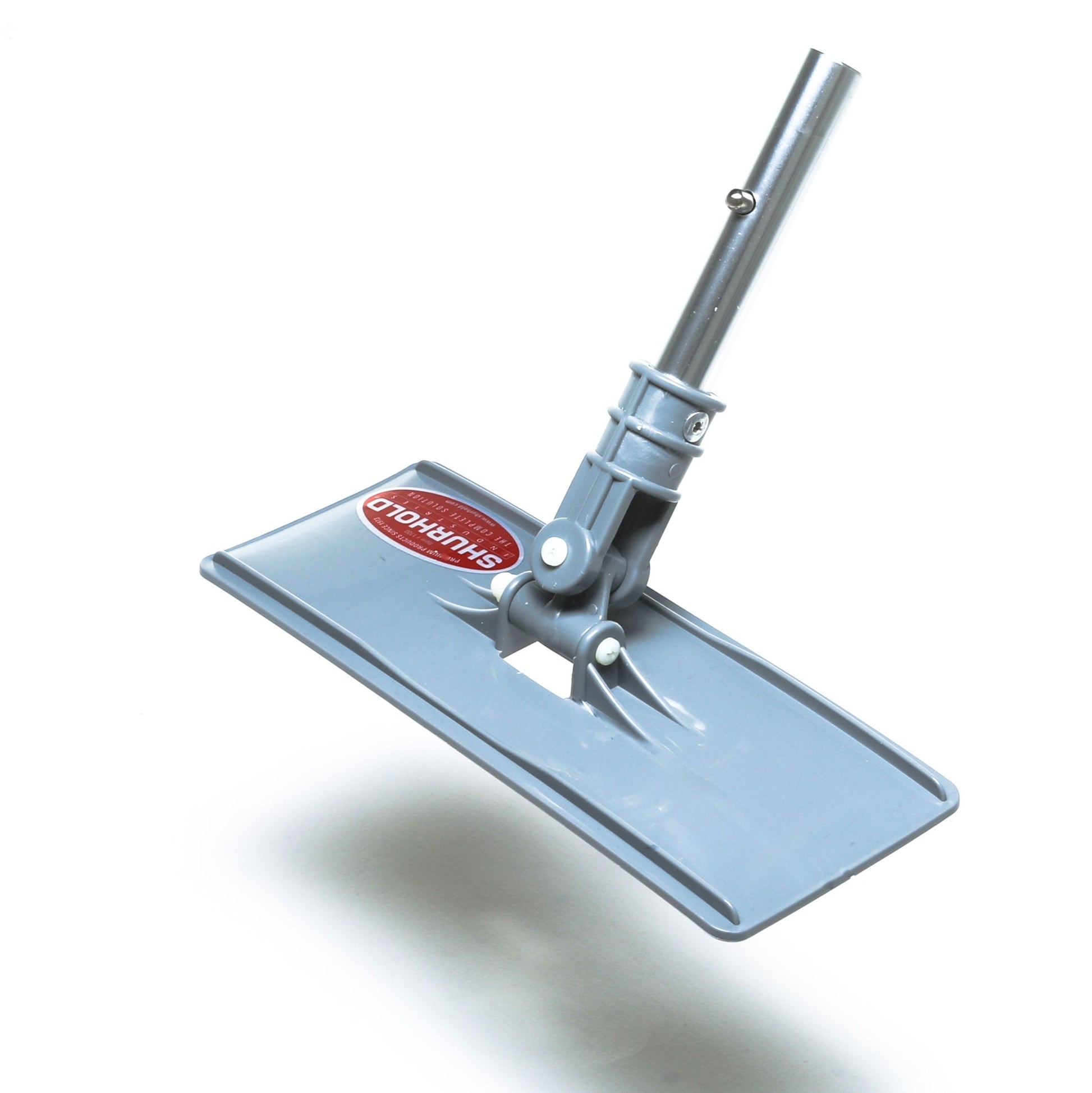 The Swivel Pad Base by Shurhold Industries, Inc. is a gray rectangular mop head attachment with a metal handle and swivel joint, red label with white text, and is ideal for use with scrubber pads and compatible Shurhold attachments.