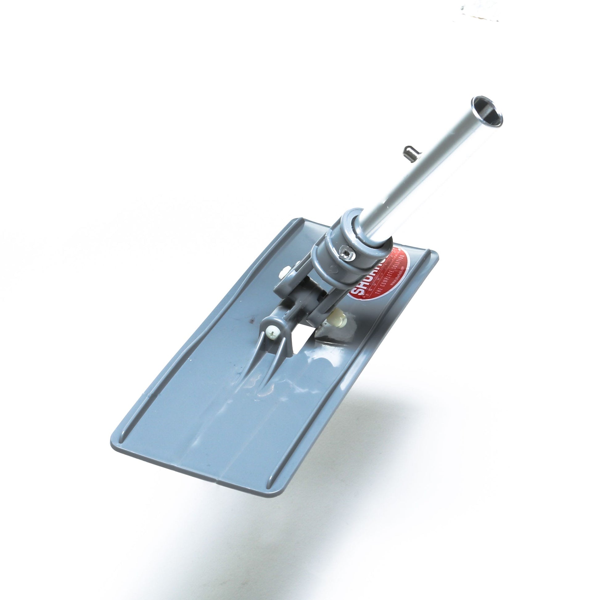 The Swivel Pad Base by Shurhold Industries, Inc. features an adjustable hinge and metal handle, with a gray finish for versatile snow shoveling, shown against a white background.