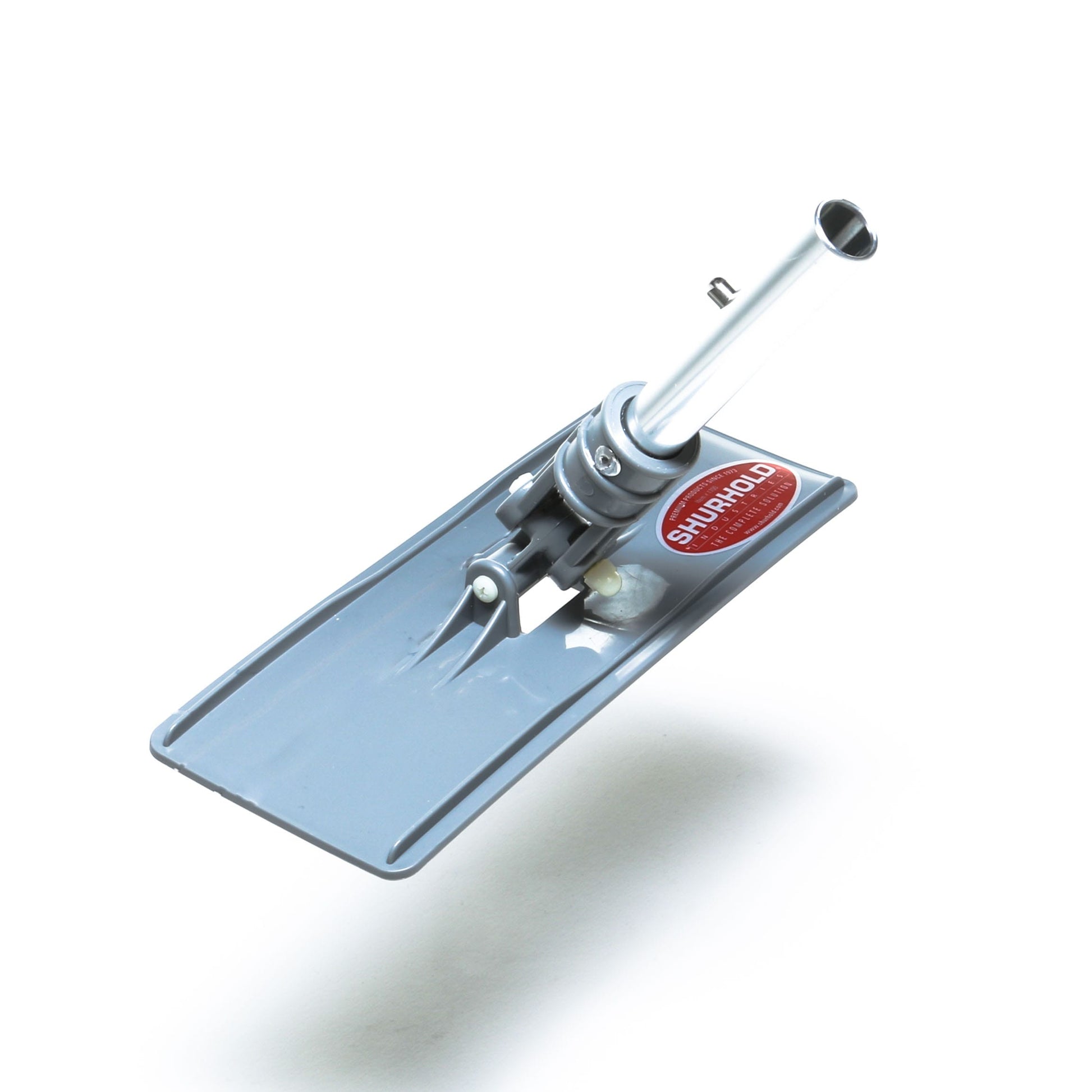 A gray rectangular Swivel Pad Base by Shurhold Industries, Inc., featuring a mounting bracket and designed for use with Shurhold attachments, shown on a white background.