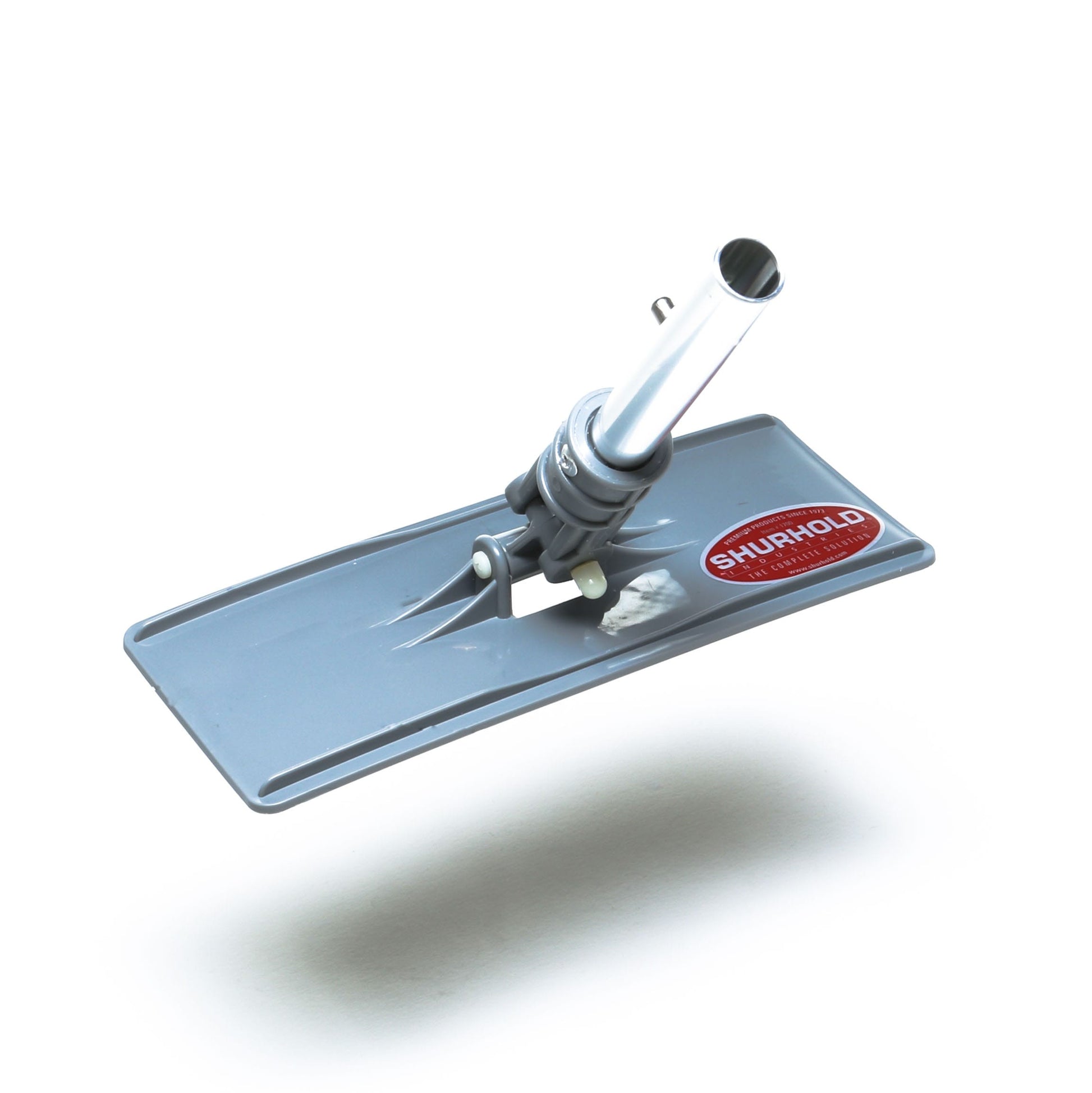 A gray rectangular Shurhold Industries, Inc. Swivel Pad Base with a metal handle connector and red logo, compatible with Shurhold attachments, is shown on a white background.