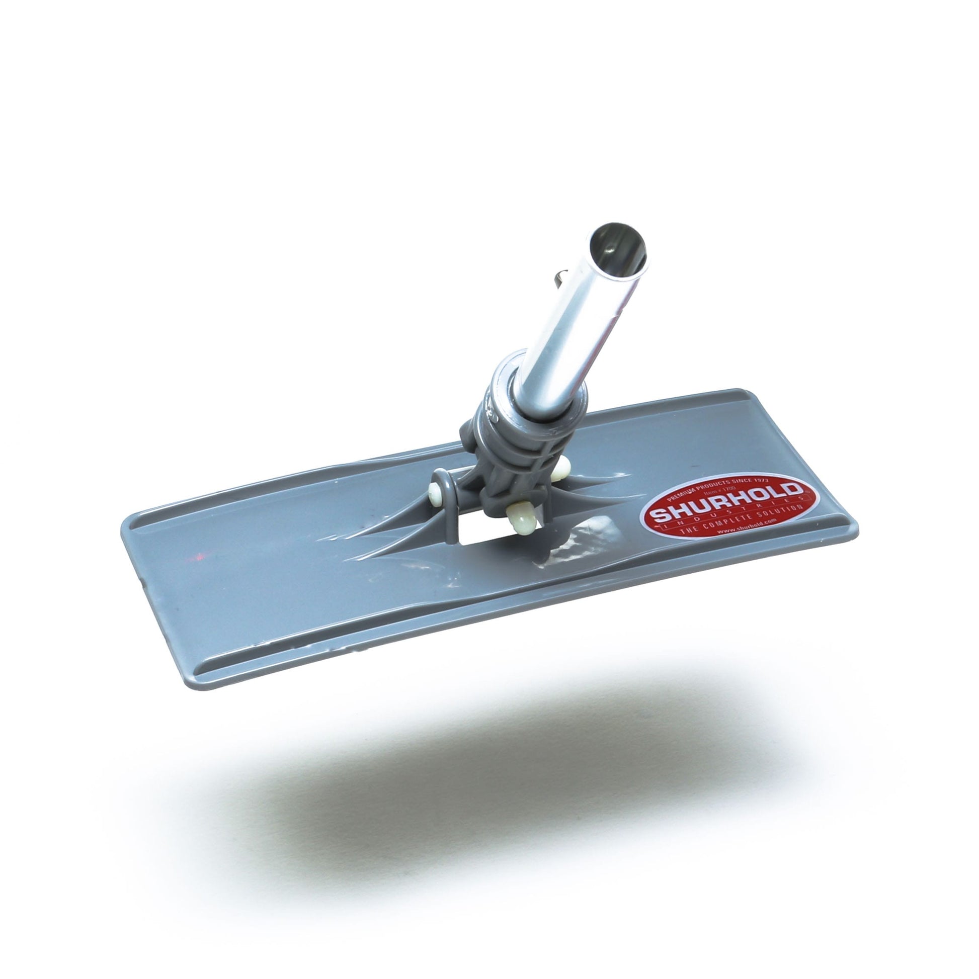 The Shurhold Industries, Inc. Swivel Pad Base is a gray rectangular holder with an angled pole attachment, ideal for use with Shurhold attachments and compatible scrubber pads.