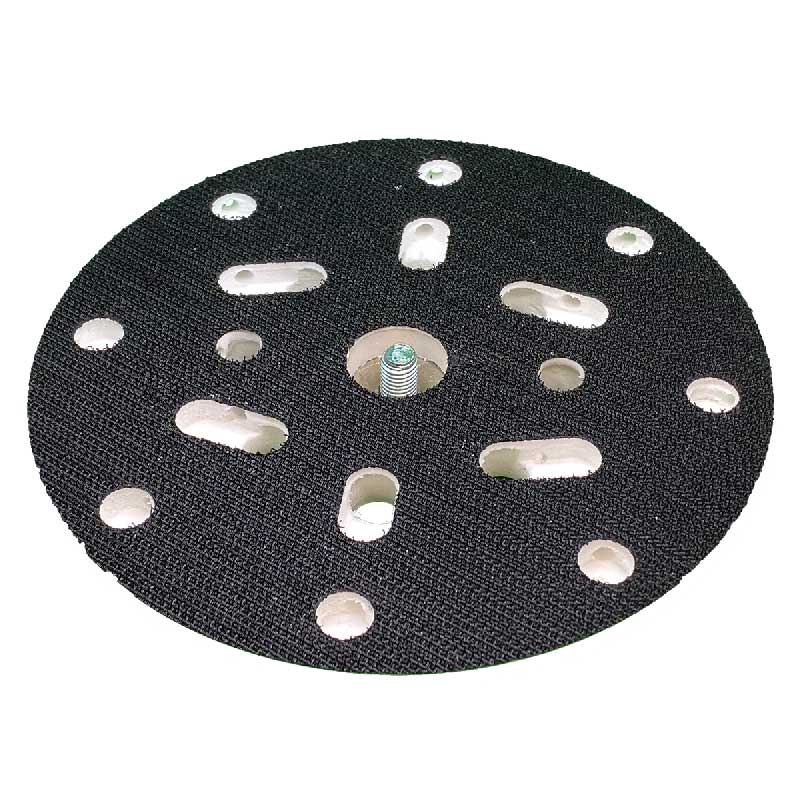 The Shurhold Industries, Inc. Replacement Dual Action Polisher PRO Backing Plate is a 6 round black plate with multiple holes and slots, designed for mounting on Dual Action Polishers or as a replacement backing plate.